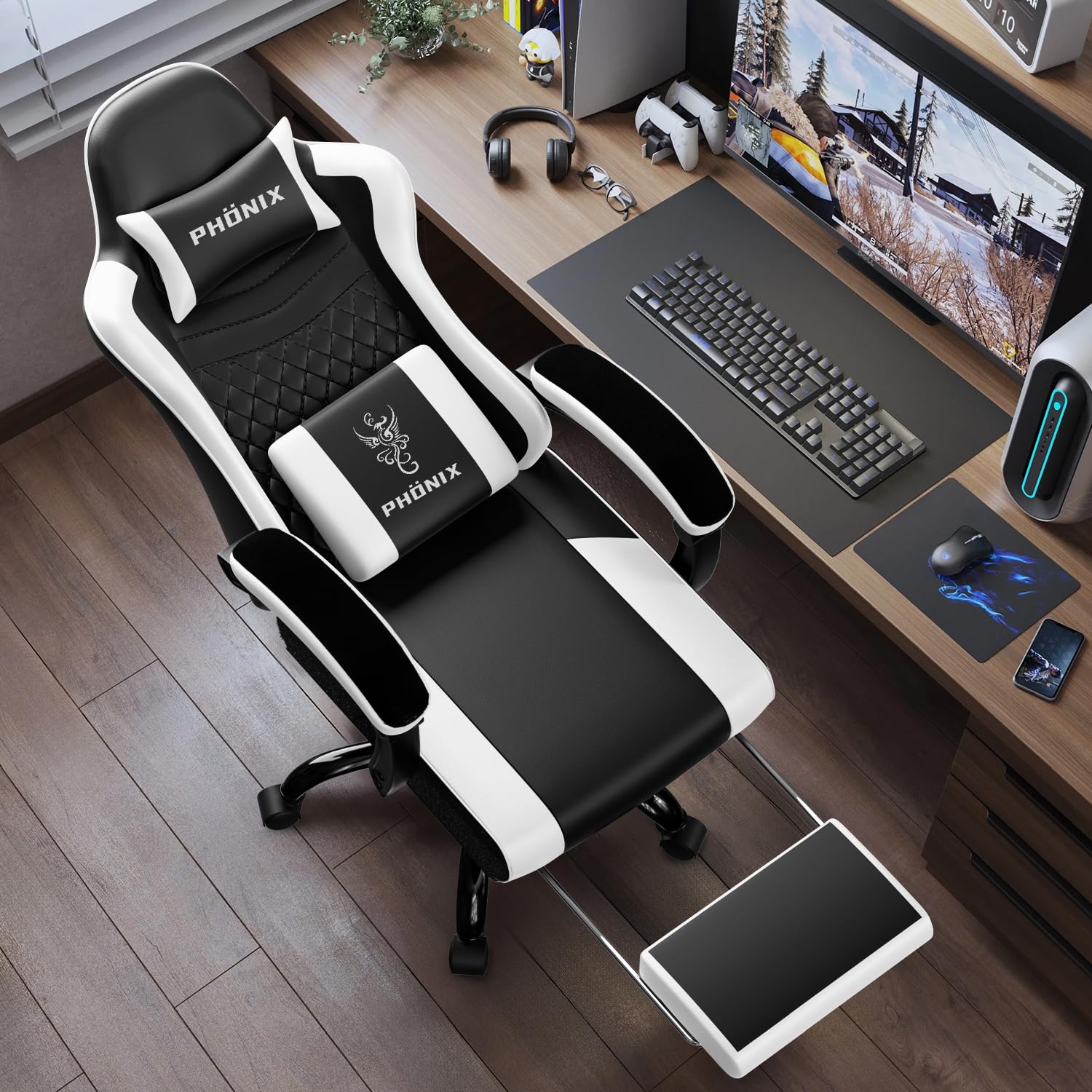 Gaming Stuhl, ergonomischer Gaming Sessel mit Fußstütze, Gamer Stuhl mit Lendenkissen & Kopfstütze, Gaming Chair mit neigbarer Rückenlehne, Bürostuhl & Gamingstuhl,150 kg, Weiß