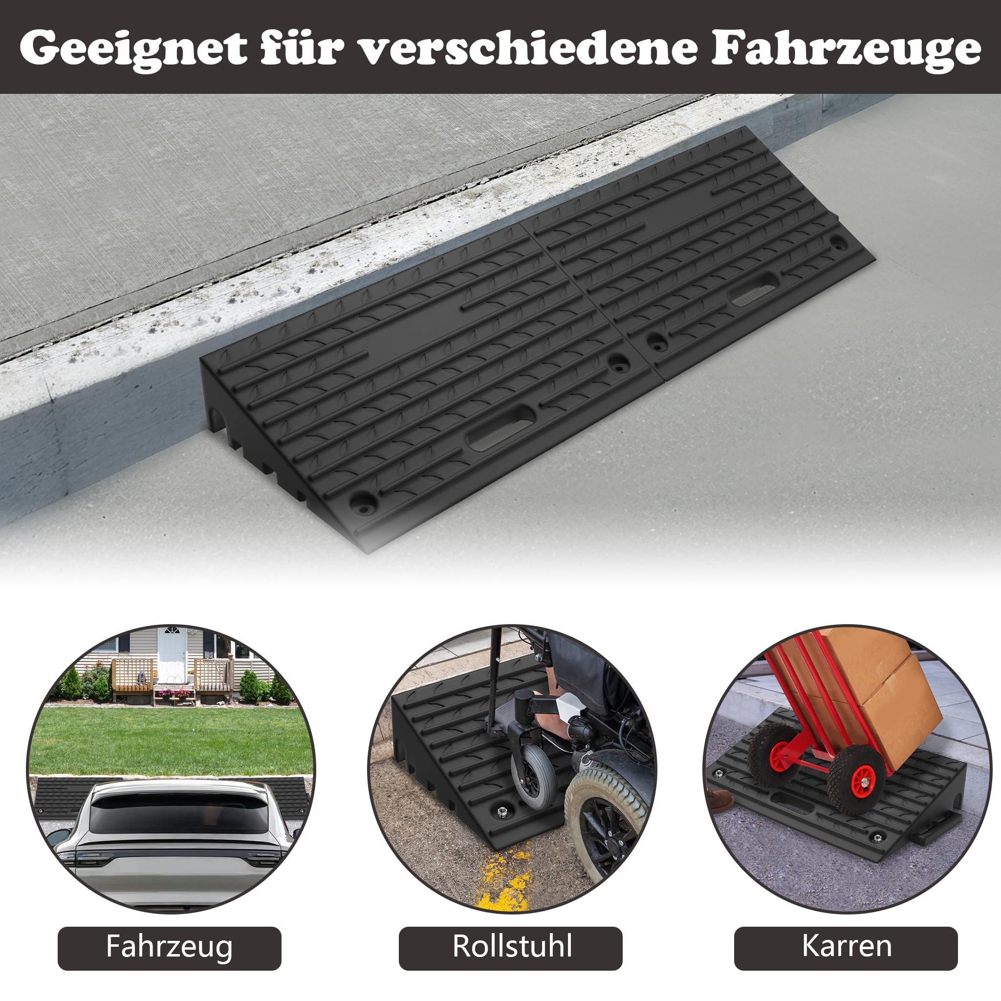 AufuN Bordsteinrampe Gummi Schwarz, 2 Stück, 53x32x10 cm, 2000 kg Tragfähigkeit, Rutschfest, Wetterfest, Entwässerung, Montagemöglichkeit, AF-(HAG8796A)