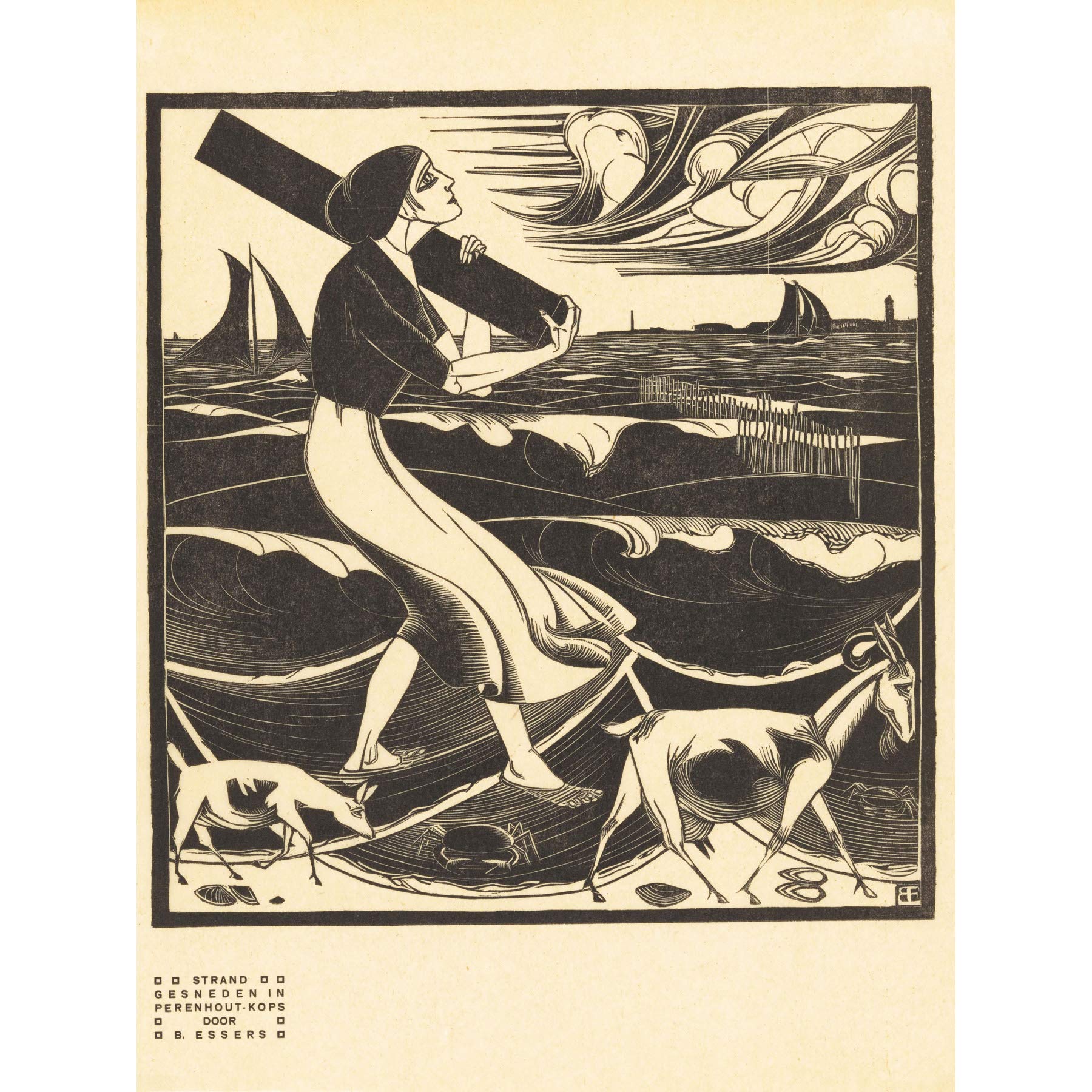 Artery8 Bernard Essers Beach Woman Goats Bw Seascape Premium Wall Art Canvas Print 18X24 Inch