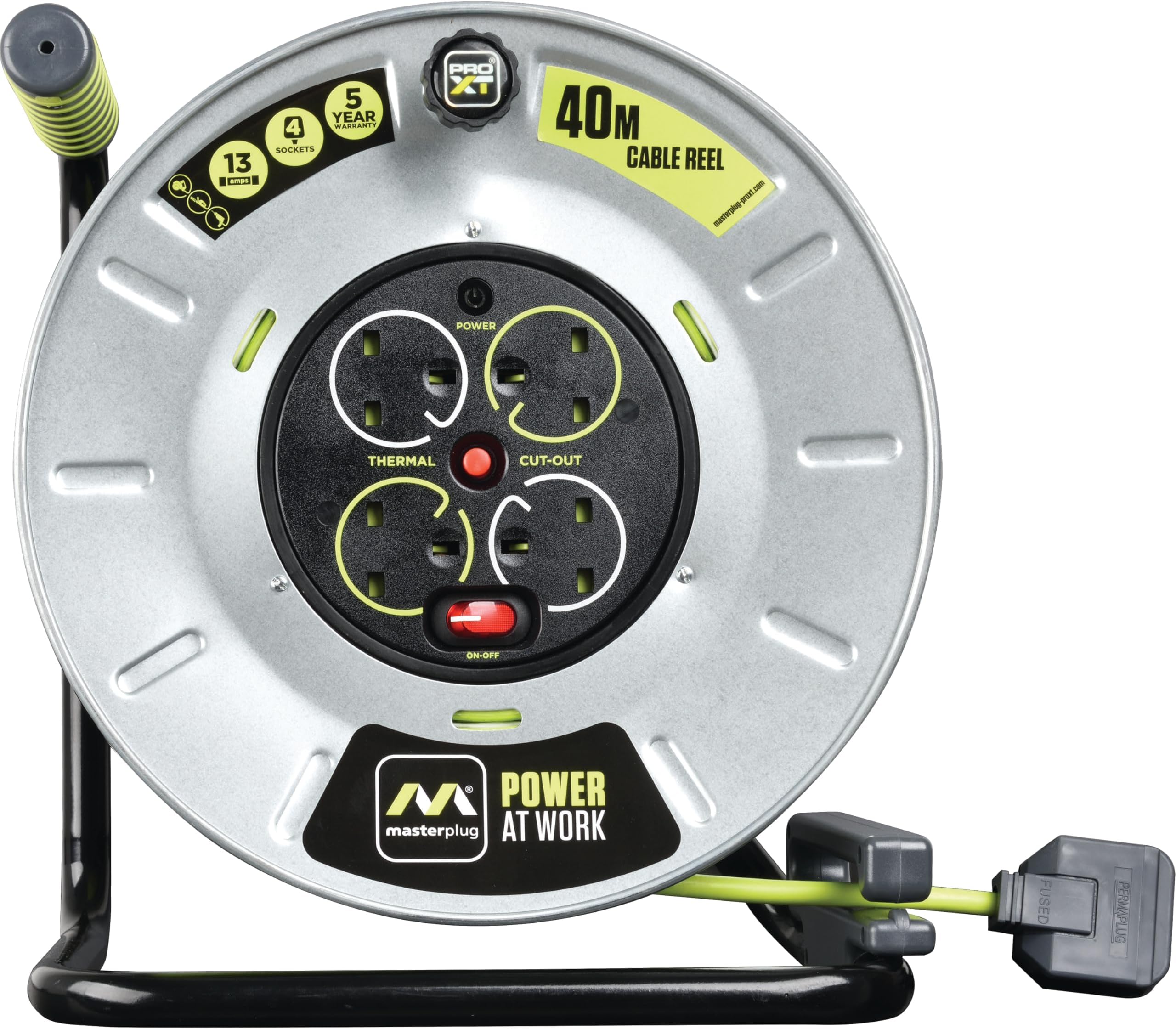 Masterplug Pro-XT Metal Steel Drum Four Socket, 40 Metres