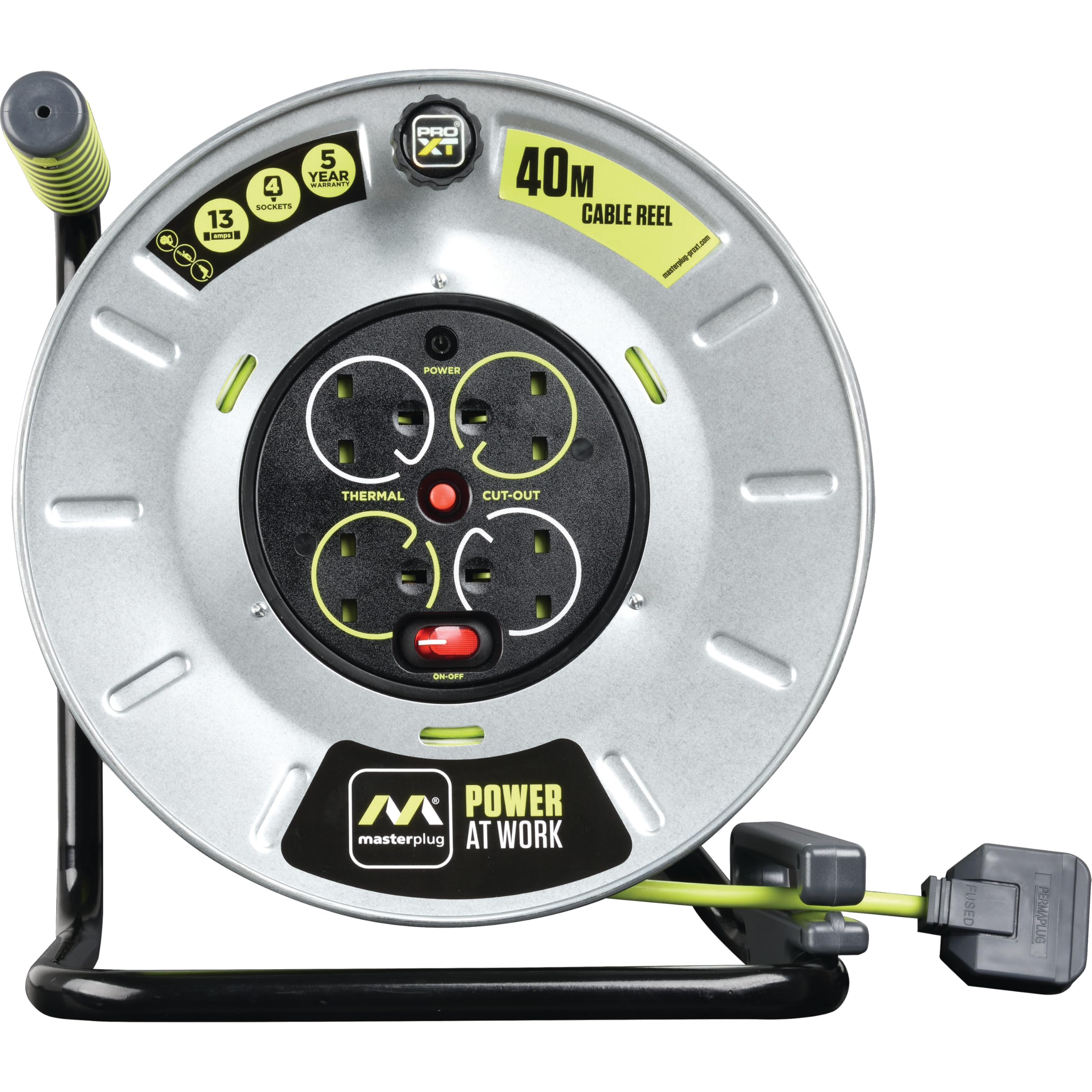 Masterplug Premium 4 Socket Metal Open Cable Reel with 40 Metre High-Vis Cable, Heavy Duty Extension Reel, Thermal Cut-Out & Power Indicator, Large, Pro-XT, Grey/Green, 13A, 4G, 40m, OTLU40134SL
