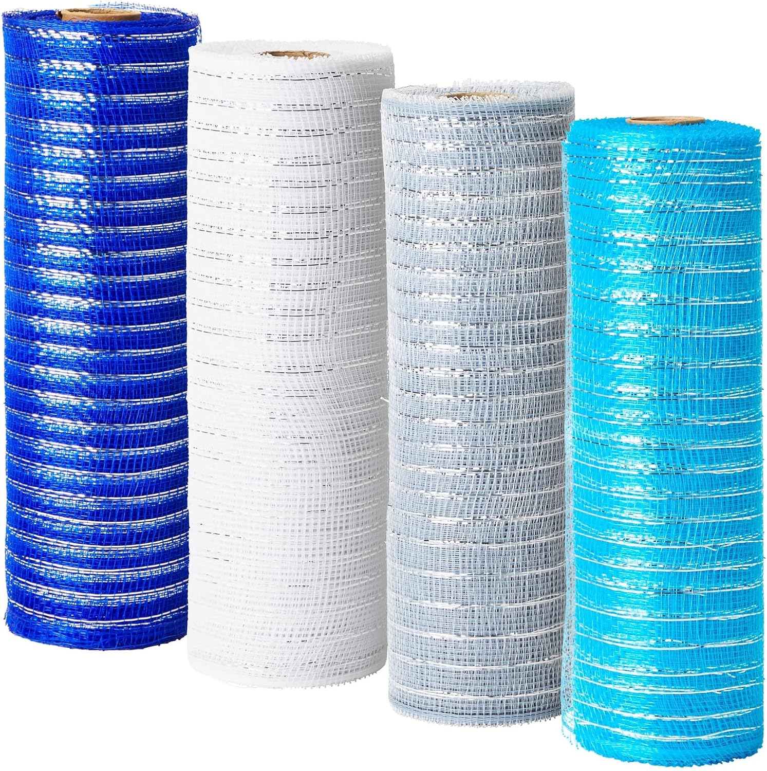 Bright Creations Decorative Mesh Ribbon Rolls - 10 in x 30 ft, 4-Pack, Blue/Silver/White/Royal Blue - Polyburlap Mesh & Metallic Ribbon for Wreath Craft & Deco Wreath Supplies