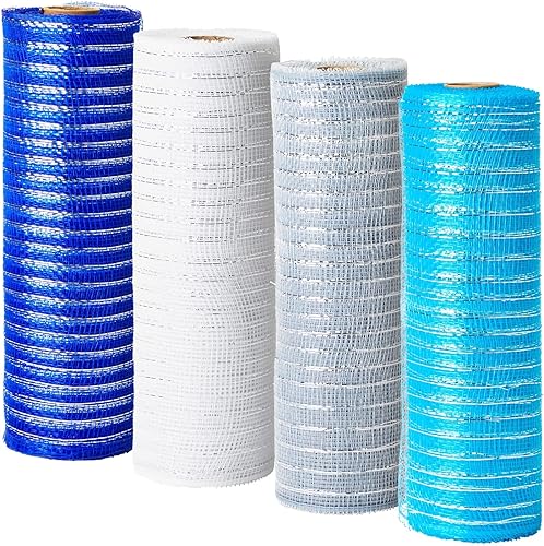 Miniatura 8 de Bright Creations Rollos de cinta de malla decorativa, 10 pulgadas x 30 pies, paquete de 4, azul/plateado/blanco/azul real, malla de poliarpillera y