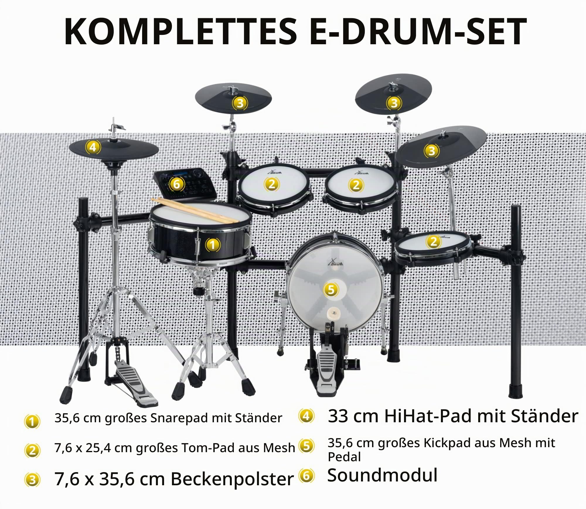 XDrum DD-650 Mesh E-Drum Kit - elektronisches Schlagzeug mit echter HiHat - 14" Snare-Pad und 14" Kick-Pad aus Holz - 720 Sounds, 20 Preset- und 20 User-Kits - inklusive Rack - Black Sparkle