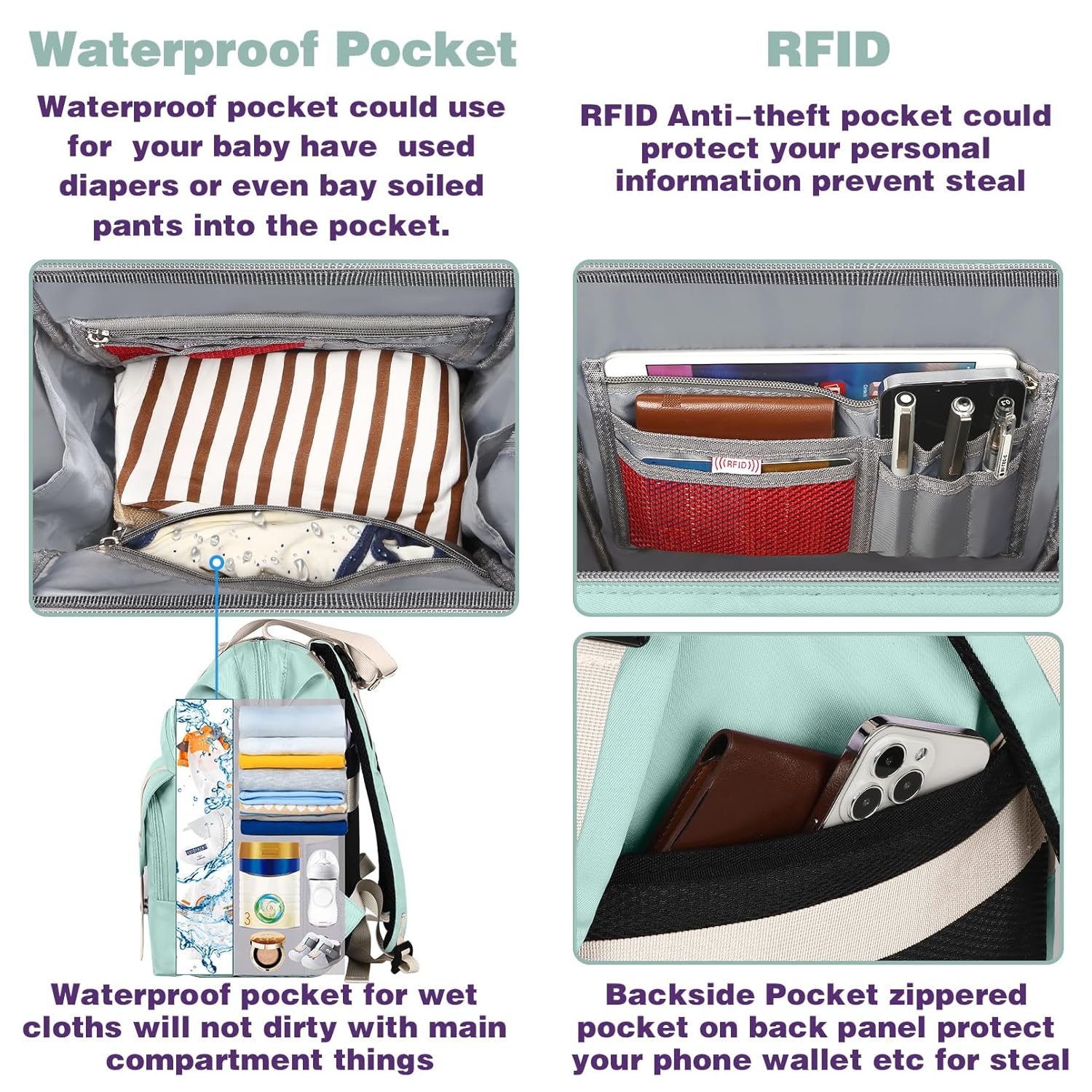 Jiefeike Diaper Bag Backpack,Green diaper bags for baby girl boy, girl diaper bag backpack, Insulated Pockets Portable toddler diaper bag RFID Anti-Theft Pocket