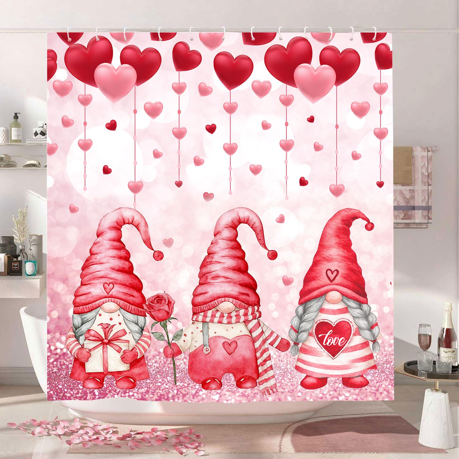 Valentines Gnomes Shower Curtain for Bathroom, Valentine's Red Pink Romantic Love Heart Tree Bath Curtains, Roses Decor Bathroom Accessories Decor with 12 Hooks 72Wx72H