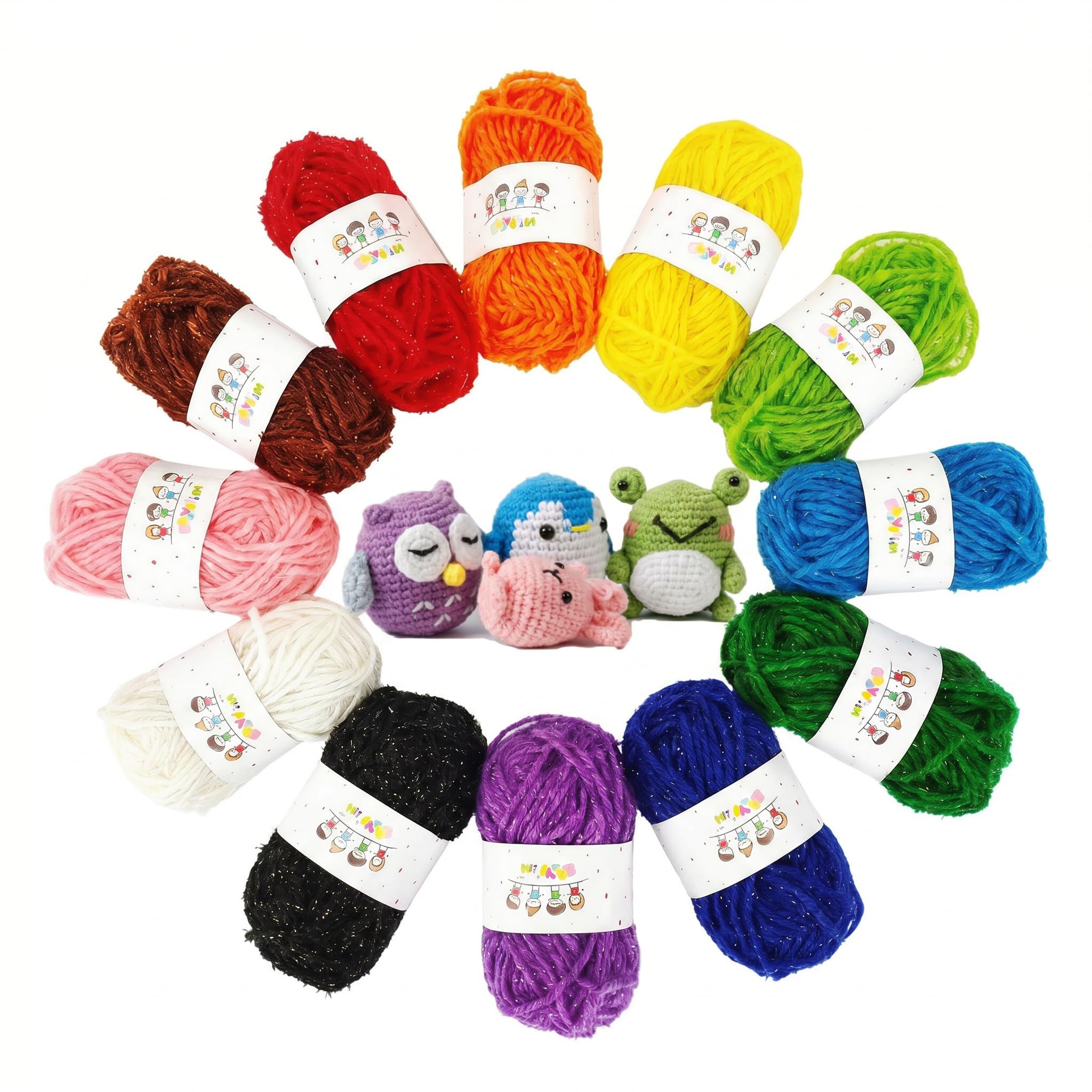 12pcs DIY Gold Thread Yarn, Knitting Wool Acrylic Yarn Set, 12 Color Crochet Yarn with Gold Thread, Super Soft 4 Ply Crochet Yarn for Beginners Adults for Crochet Knitting Crafts and Parent-Child