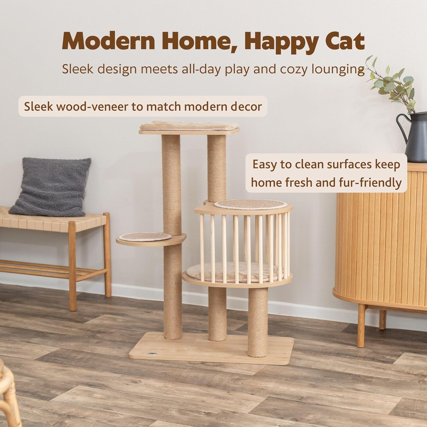 Trixie Aspen 37" Cat Tree - Modern Multi-Level Tower with Condo, Platforms, Cushions & Sisal Scratching Posts – Tall Indoor Cat Furniture with Perches, Scratchers, Cushion & Easy-Clean Surfaces