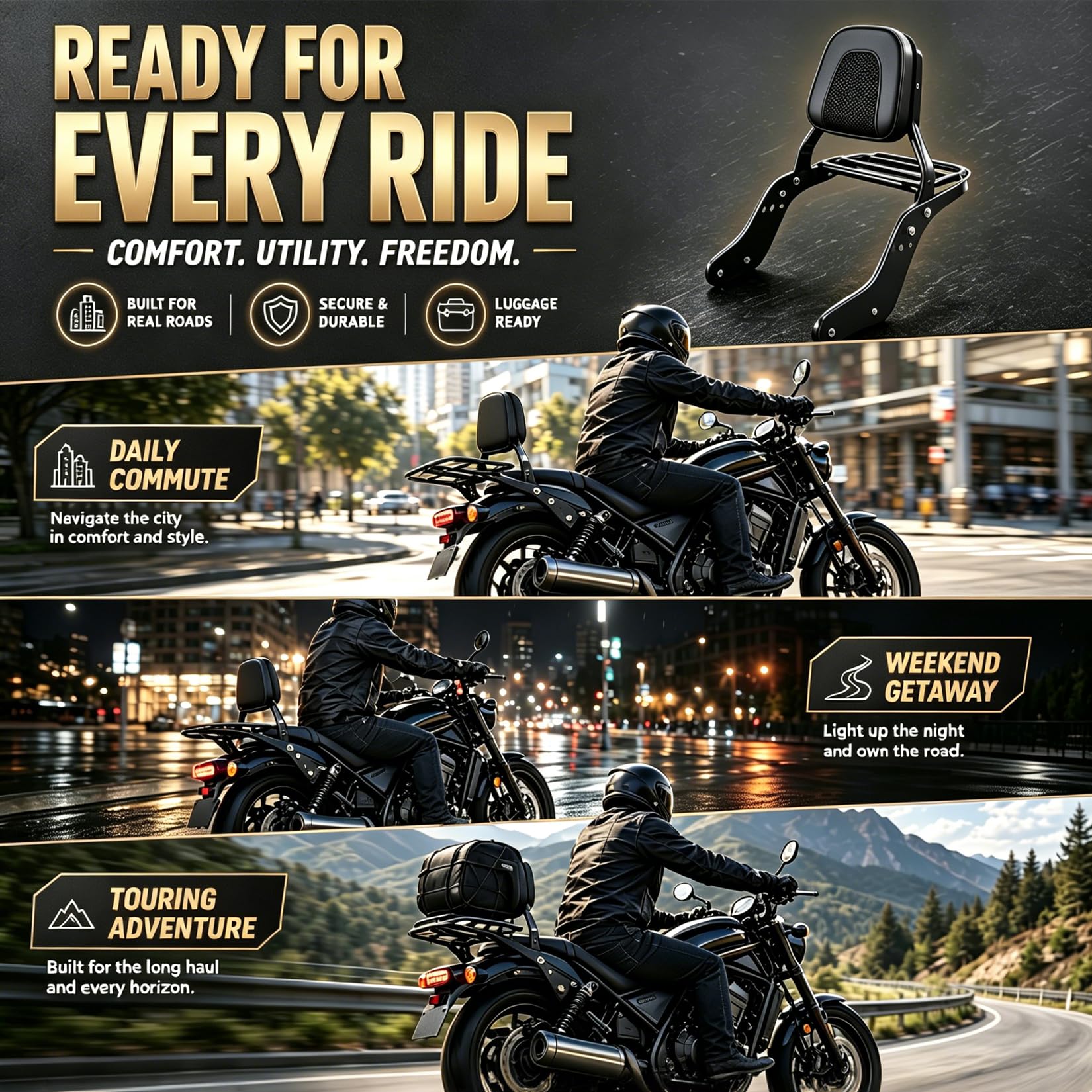 Coussin de Siège de Dossier Arrière de Moto avec Porte-Bagages pour Rebel CMX1100 CMX1100T DCT 2021-2025, PSLER Dossier Passager Sissy Bar avec Support de Chargement Moto Accessoires