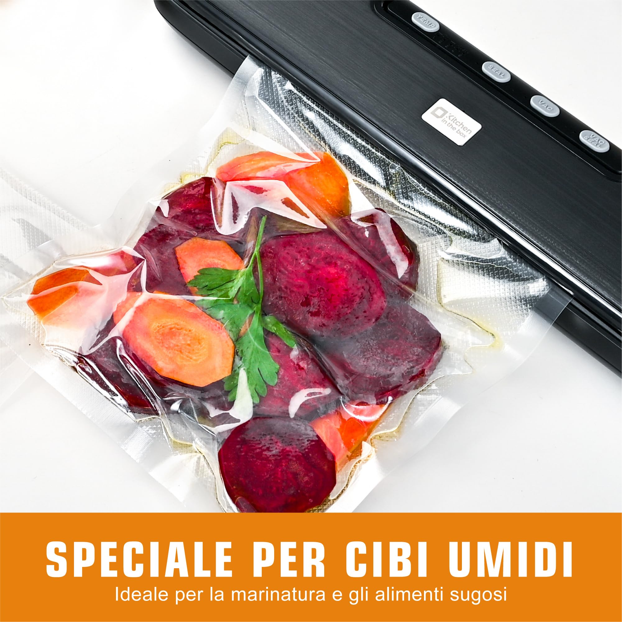 Kitchen in the Box Macchina Sottovuoto Alimenti 5 in 1, Sigillatore Sottovuoto Automatico per Alimenti Secchi e Umidi, Temperatura Regolabile, Sigillatura Veloce da 5mm, 15 Sacchetti e Tubo Inclusi