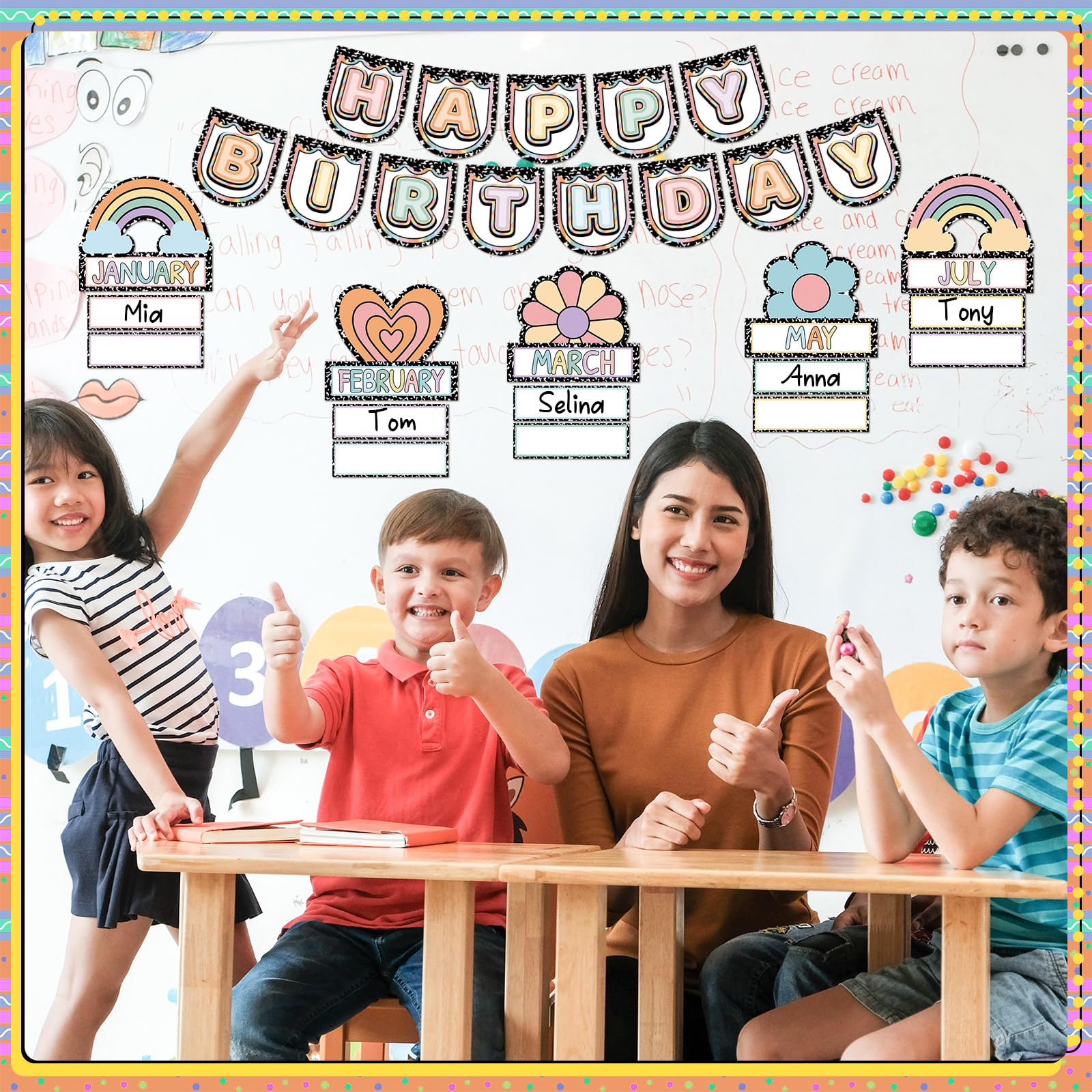 Humyoun Klassenzimmer Happy Birthday Chart für Klassenzimmer Regenbogen Schwarz Punkt Pinnwand Schild Geburtstag Poster Dekoration für Pinnwand Kreidetafel Wanddekoration Schulbedarf (niedlich)