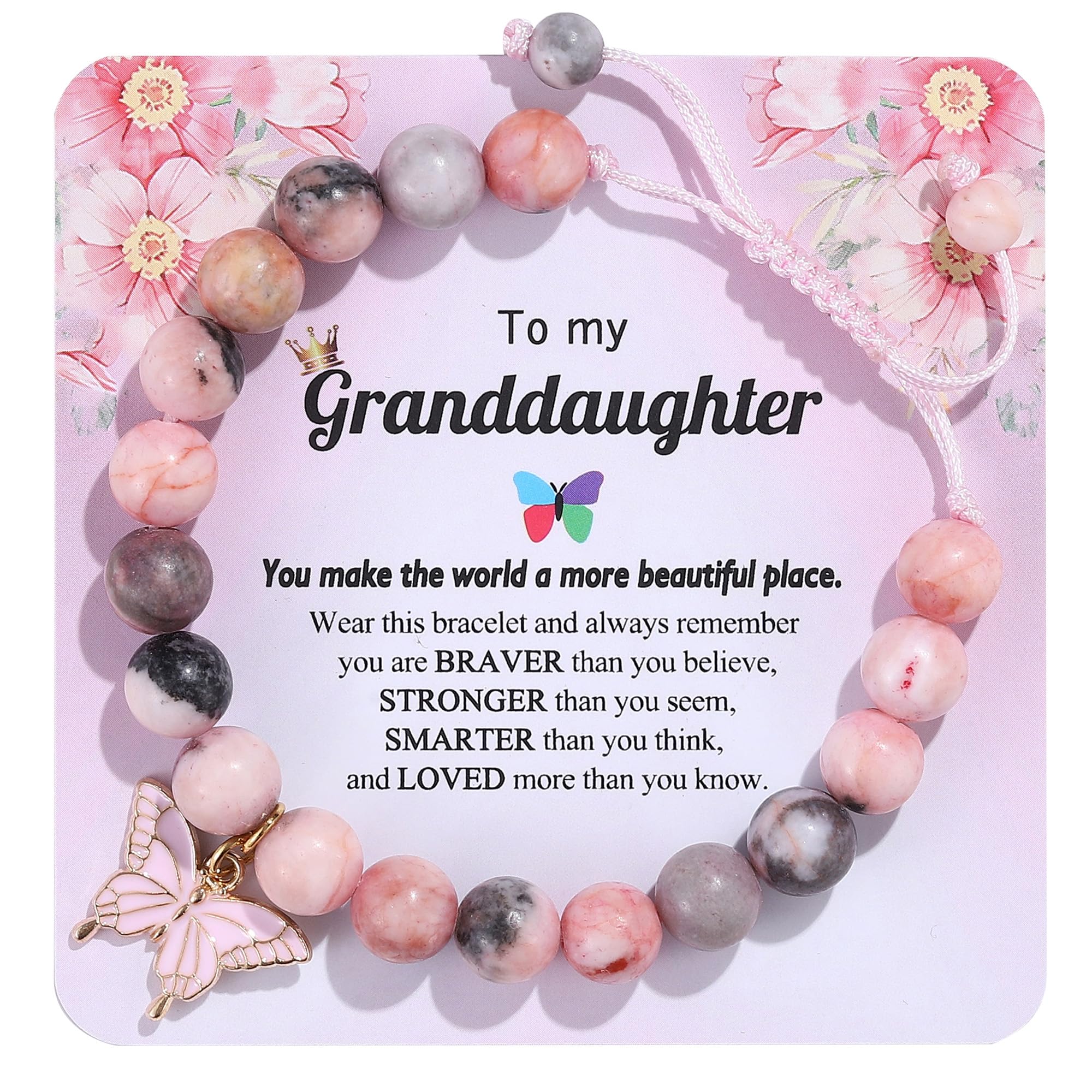 YUCSAWJK Birthday Bracelet Gift for Girls 6-13 Years Old, Pink Zebra Natural Stone Butterfly Charm Bracelet for Daughter Granddaughter Niece Teenage