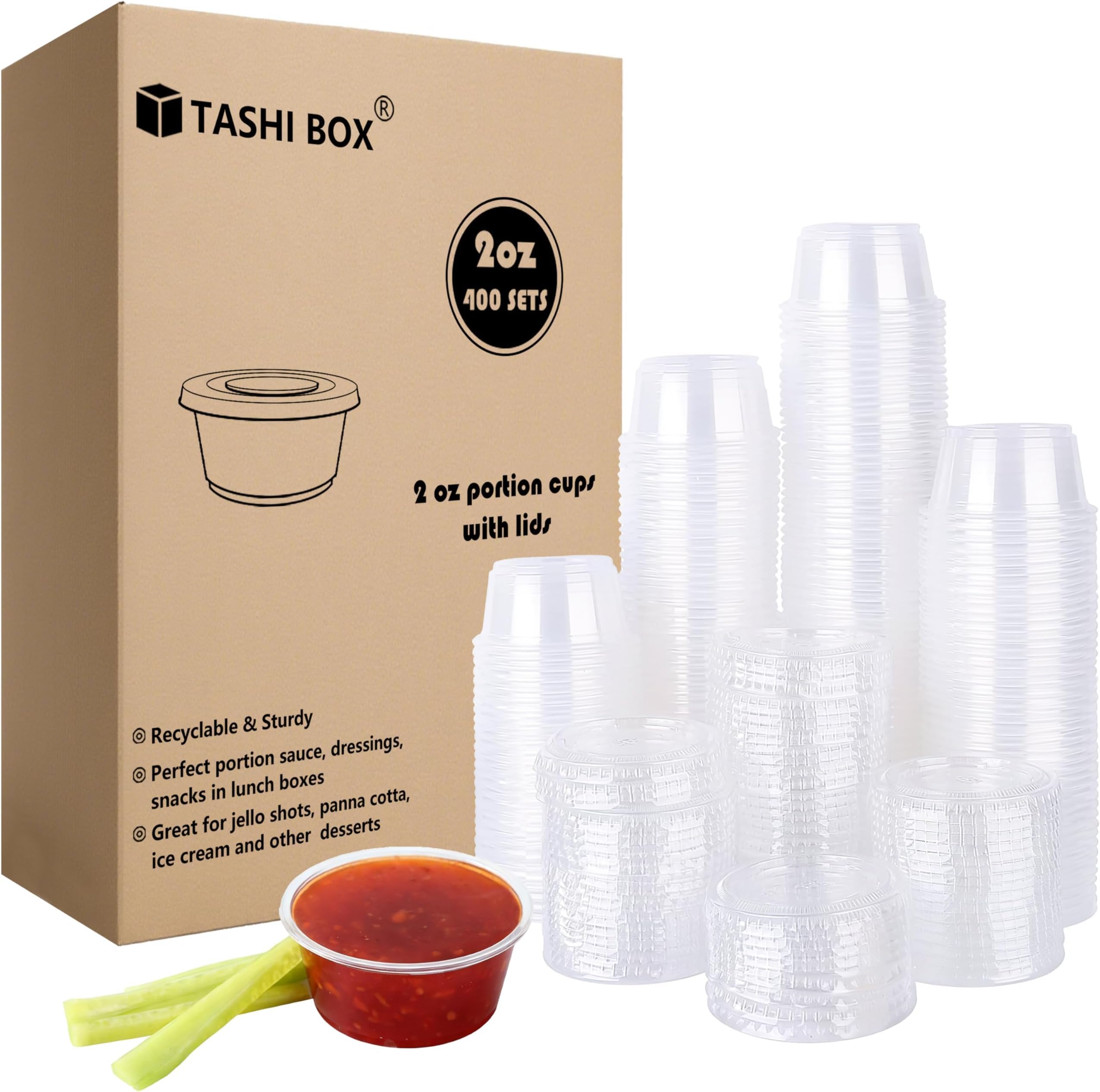 TashiBox 400 Sets - 2 oz Jello Shot Cups with Lids, Small Plastic Portion Cups with Lids, Disposable Condiment Containers for Sauce (Pack of 8)