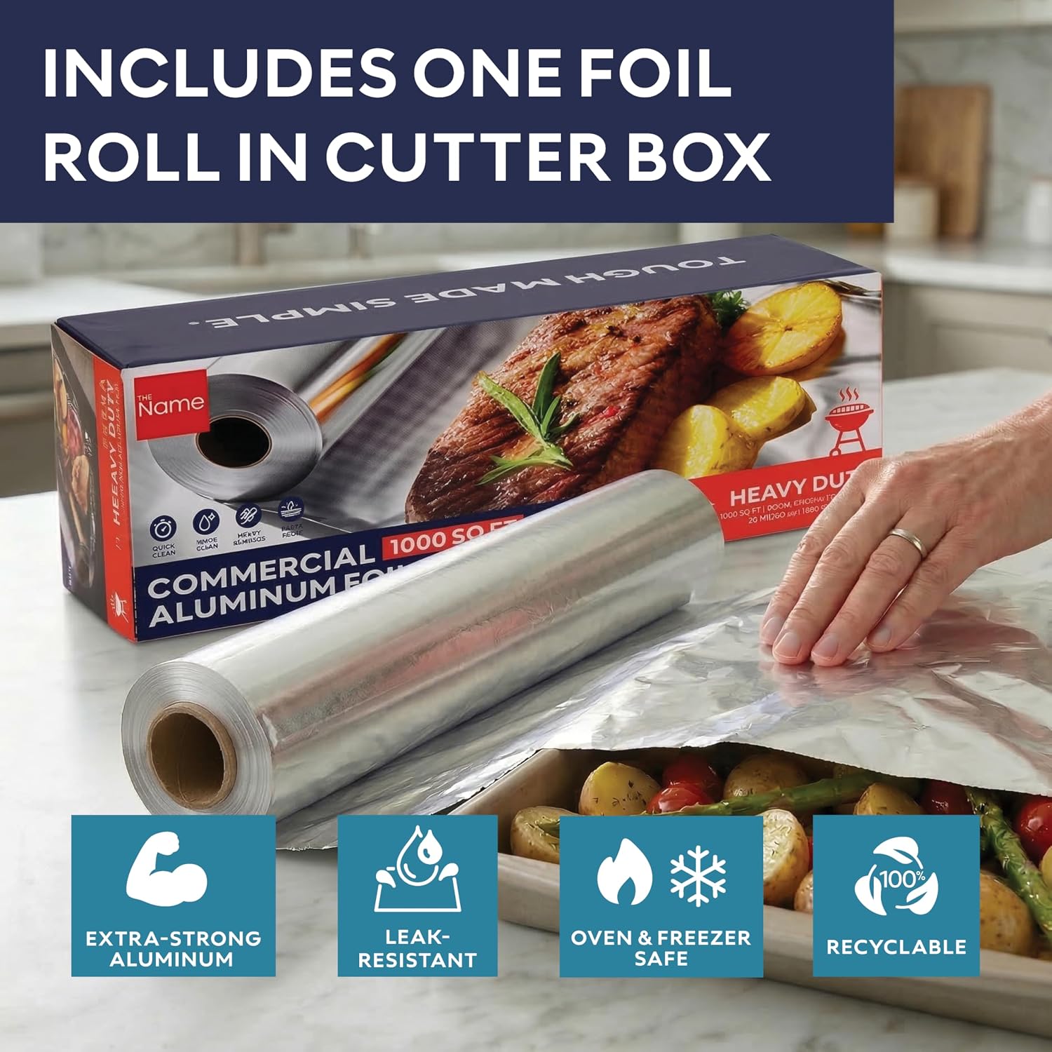 The Name Aluminum Foil Roll Commercial Grade Strength, Freezer Safe and Grill Safe, Tin Foil Packets for Food Service 12" 20 Micron 500SqFt