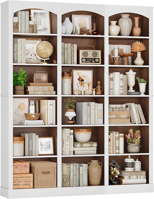 FACBOTALL 71" La bibliothèque triple large, 6 Tier Tall Librairie, Grande Bibliothèque avec Baffle Courbé, 63.4" Étagère grand livre avec 18 Étagères à affichage ouvert pour salon, étude, noyer et blanc