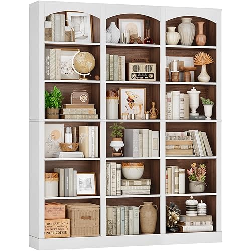 FACBOTALL 71" Triple Wide Bookshelf, 6 Tier Tall Bookshelf, Large Bookcase with Curved Baffle, 63.4" Wide Book Shelf with 18 Open Display Shelves for Living Room, Study, Walnut and White
