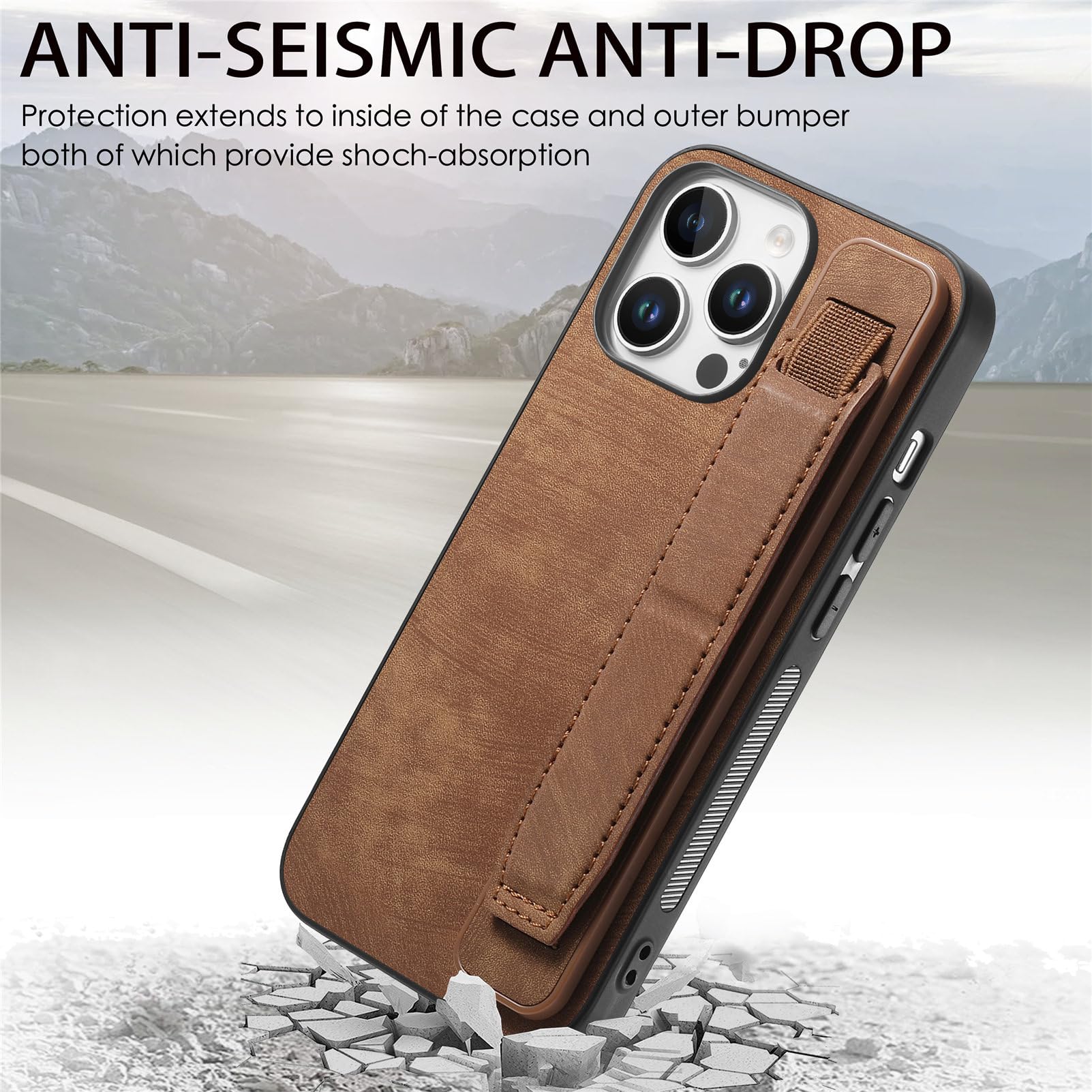 Omio Designed For IPhone 16 Leather Case With Stand & Strap, Wrist Strap Leather Back Cover Hard PC Shockproof Finger Grip Case For Men Women Girls