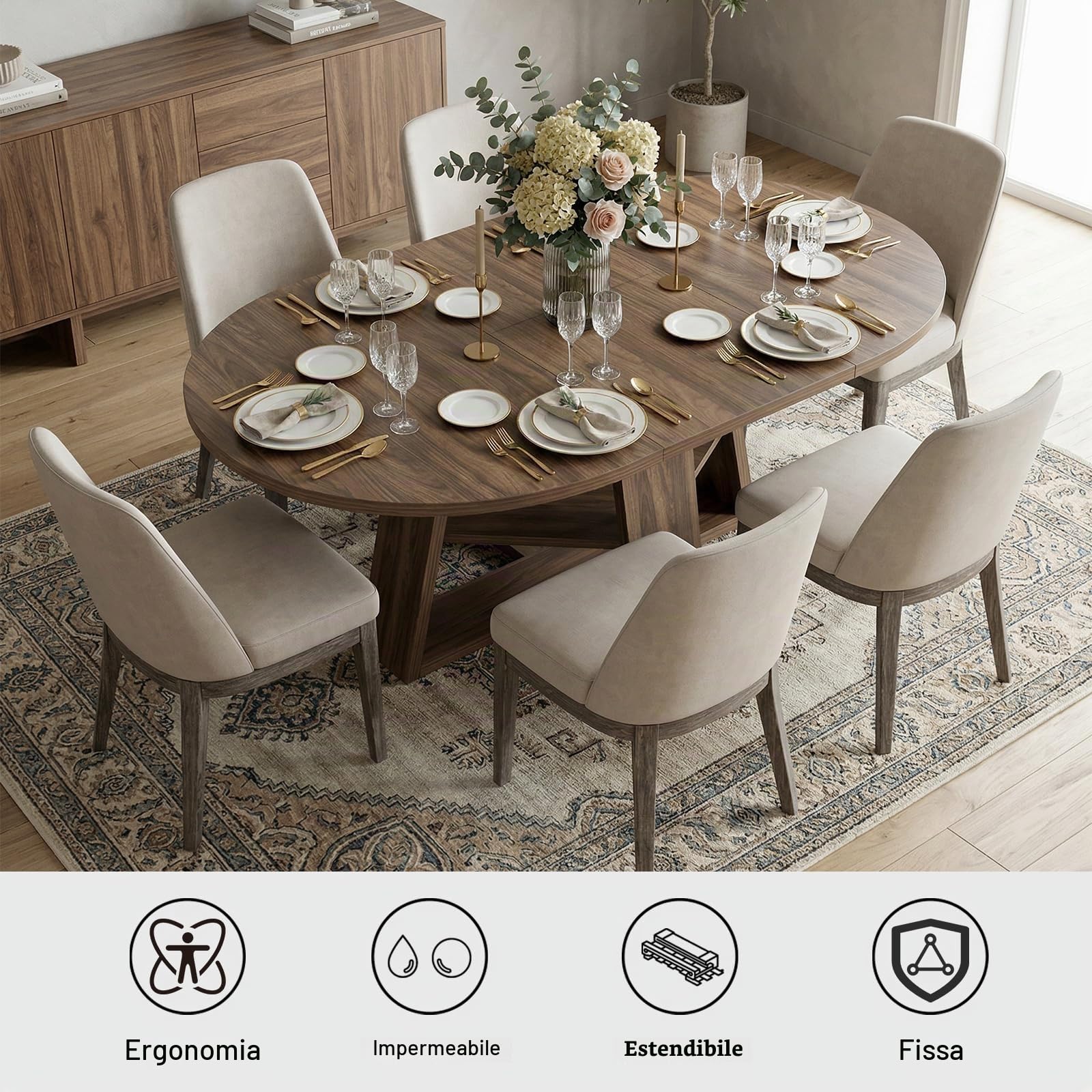Tavolo da pranzo rotondo allungabile, effetto noce, 110-150 cm, con ripiani, per 4-8 persone