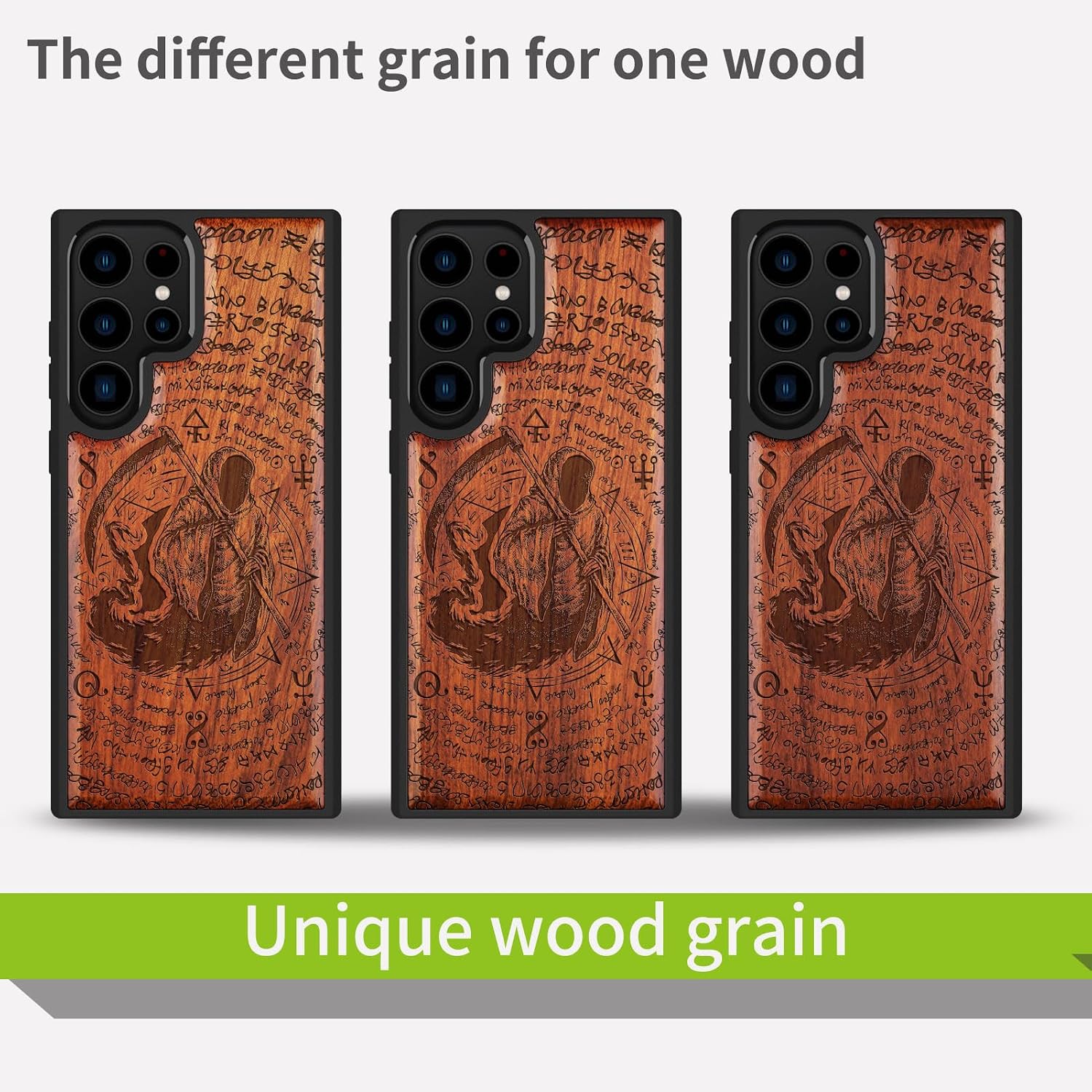 Carveit Wood Case for Galaxy S24 Ultra Case [Natural Wood & Black Soft TPU] Shockproof Protective Cover Unique Wooden Design Compatible with Samsung S24 Ultra (The Grim Reaper of Carved-Rosy)