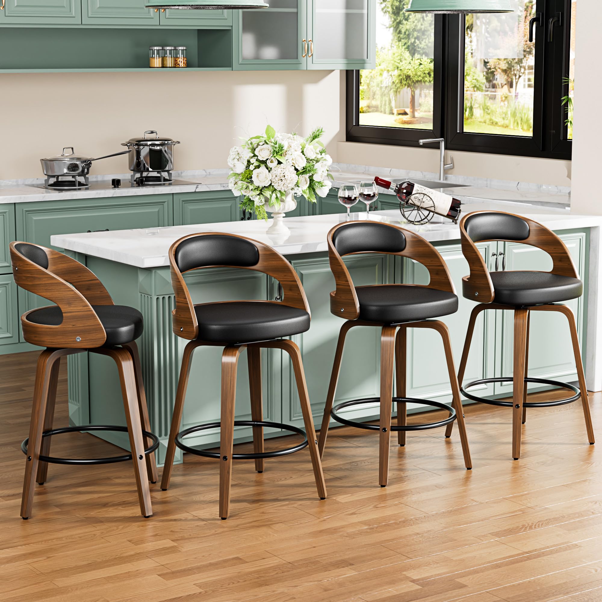 YaFiti Bar Stools Set of 4, 26" Swivel Counter Height Bar Stools with Bentwood Legs and Back, Mid Century Modern Faux Leather Upholstered Counter