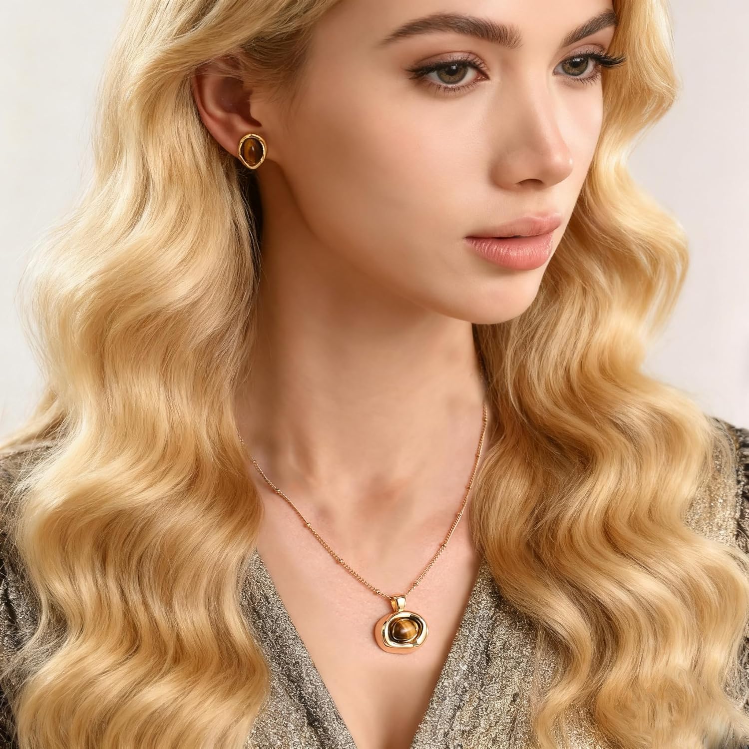 Gold Tigers Eye Stone Necklace Earrings Set for Women Chunky Gemstone Pendent Necklace Prom Wedding Fashion Jewelry Gifts - Image 3