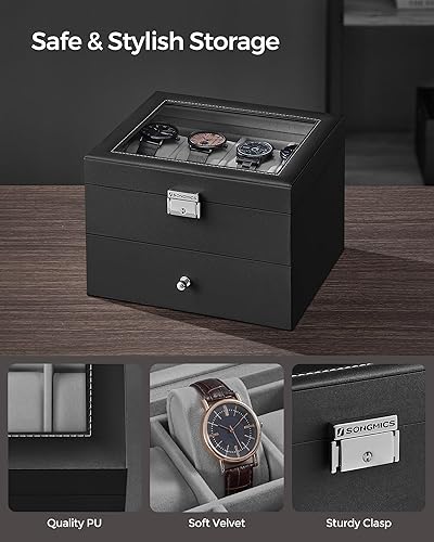 Miniatura 3 de SONGMICS Caja de reloj de 16 ranuras, caja de reloj con tapa de vidrio, 2 capas, vitrina de reloj con cerradura, cuero sintético negro, forro gris
