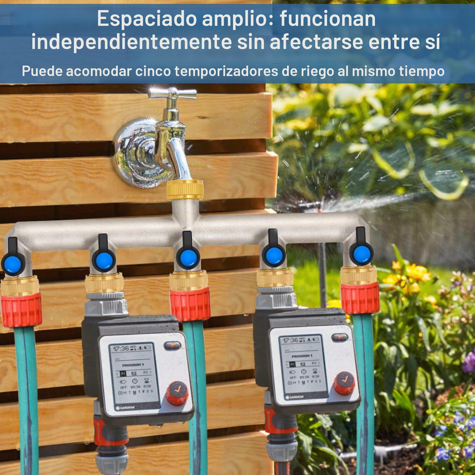 Distribuidor de agua de latón de 5 vías para 5 dispositivos/mangueras de jardín, distribuidor de 5 unidades, adaptador de 3/4 pulgadas, con válvula de bola para ajustar y cerrar el flujo de agua