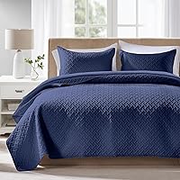 FLYMME Queen Size Navy Blue Quilt Set - Ultra Soft Lightweight Microfiber Bedspread, Basket Weave 3-Piece All-Season (Quilt + 2 Shams)