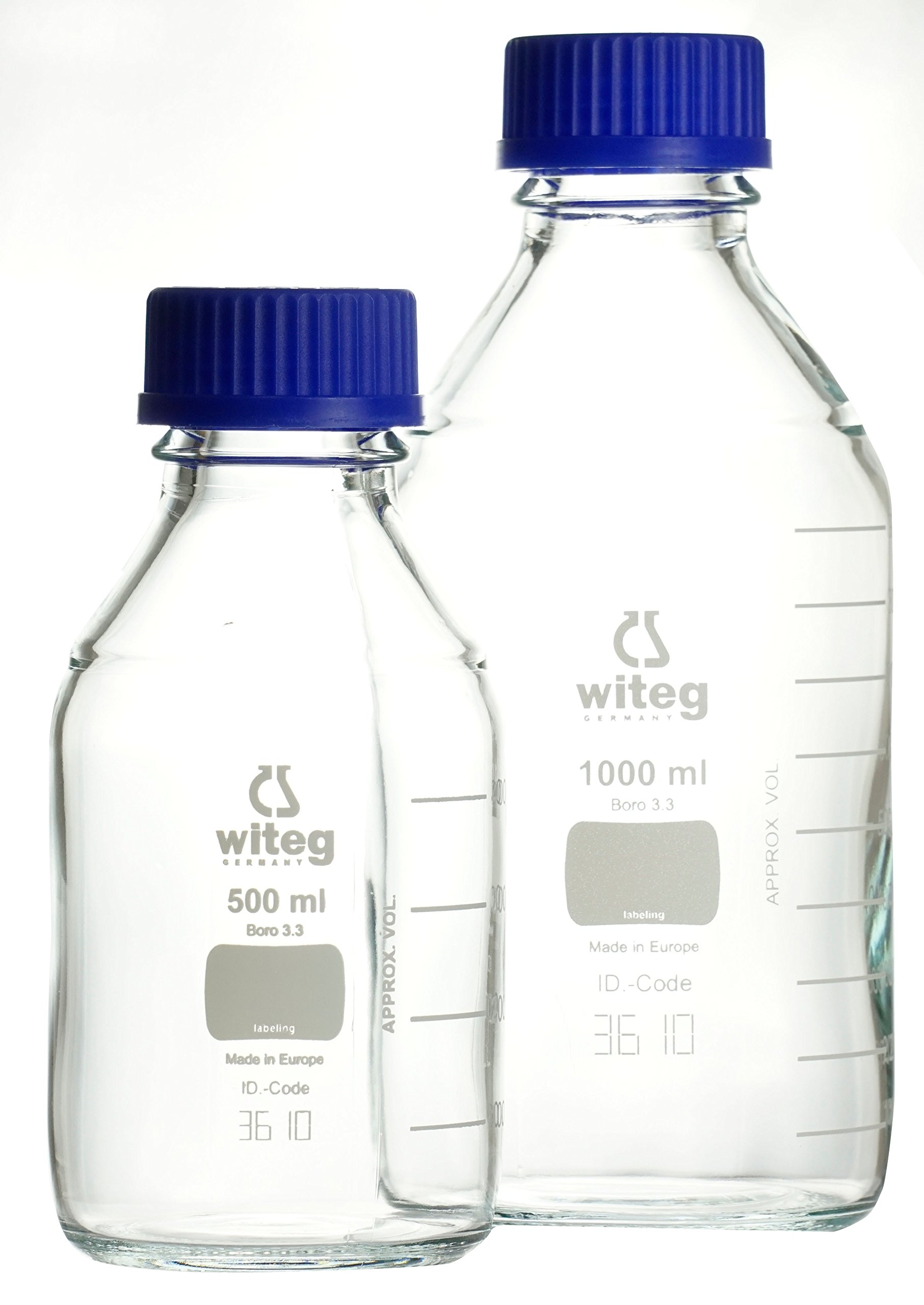 Laborflaschen 50ml GL32 weiß graduiert mit PP-Schraubkappe und Augussring, hergestellt aus Borosilikatglas 3.3 mit witeg-Logo, komplette Verpackungseinheit