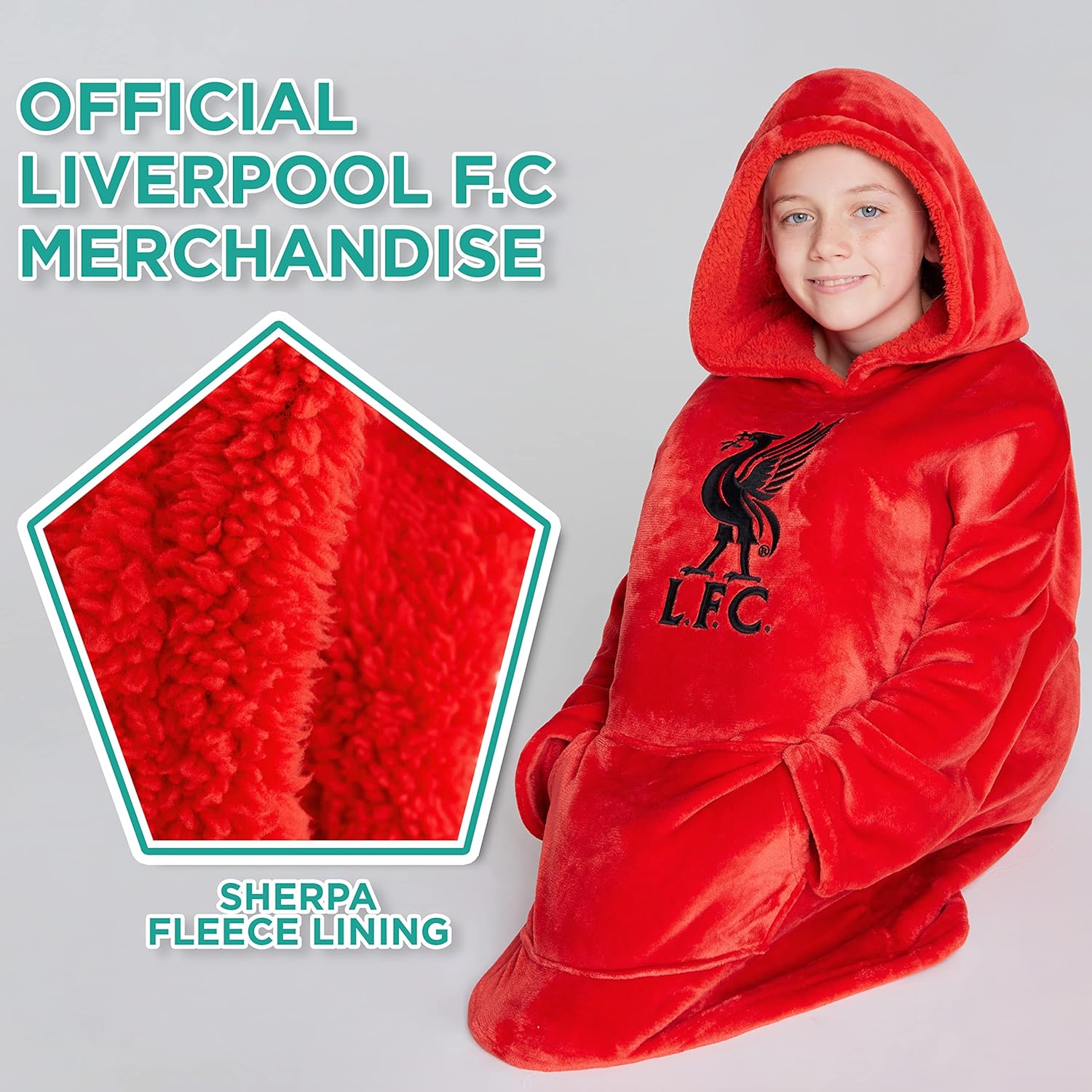 Liverpool FC Fleece Hoodie Blanket for Boys Teenagers One Size Kids Oversized Hoodie Liverpool Gifts for Boys