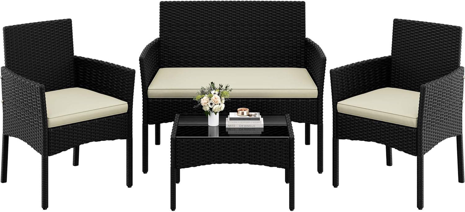 Yaheetech 4 Pieces Outdoor Patio Conversation Set, PE Rattan Wicker Sofa Set with Soft Cushion and Tempered Glass Table for Yard, Poolside, Garden (Black/Beige)