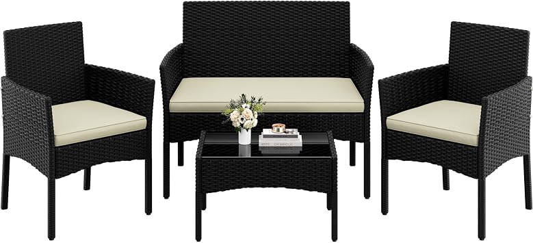 Yaheetech 4-Piece Rattan Conversation Set, Sofa & Glass Table, Black/Beige | Outdoor Handwoven Wicker | PE Rattan Sofa with Soft Cushions | 2 Chairs & Tempered Glass Table | For Yard, Poolside & Garden