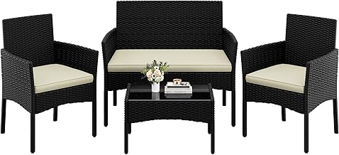Yaheetech 4 Pieces Outdoor Patio Conversation Set, PE Rattan Wicker Sofa Set with Soft Cushion and Tempered Glass Table for Yard, Poolside, Garden (Black/Beige)