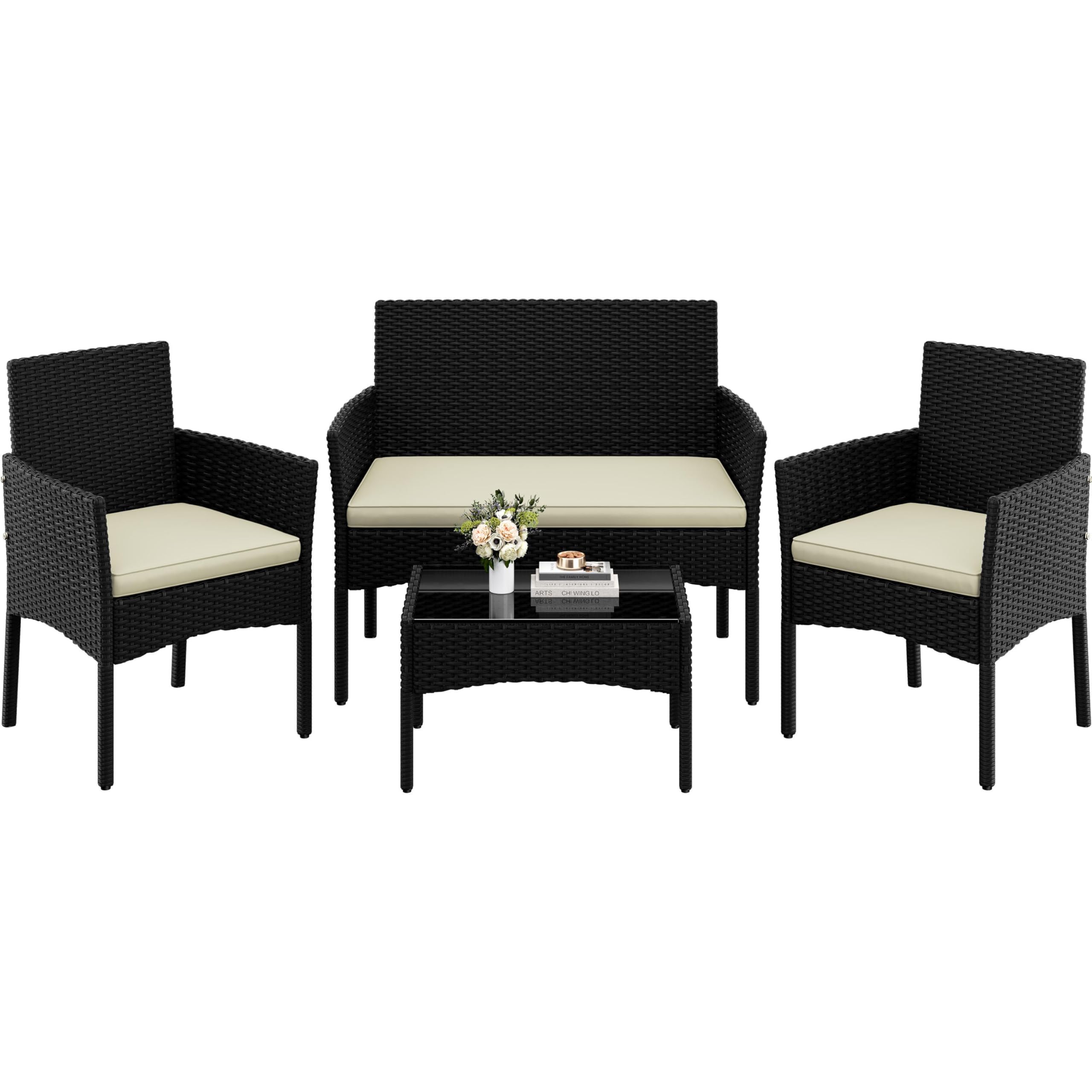 Yaheetech 4 Pieces Outdoor Patio Conversation Set, PE Rattan Wicker Sofa Set with Soft Cushion and Tempered Glass Table for Yard, Poolside, Garden (Black/Beige)