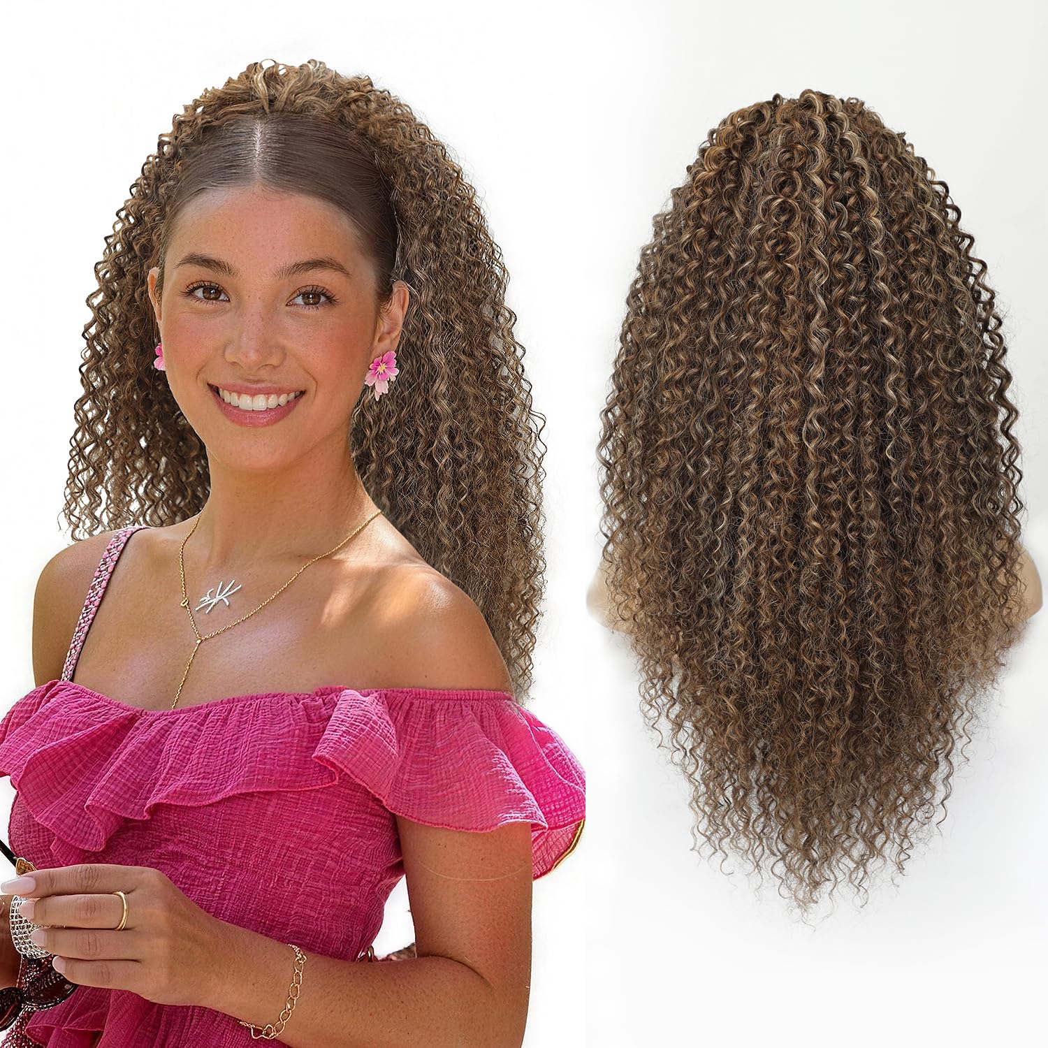 Isaic Ponytail Extension, 20 inch Curly Claw Clip in Ponytail Voluminous Synthetic Hairpiece for Daily Use(Chocolate Brown with Blonde Highlights)