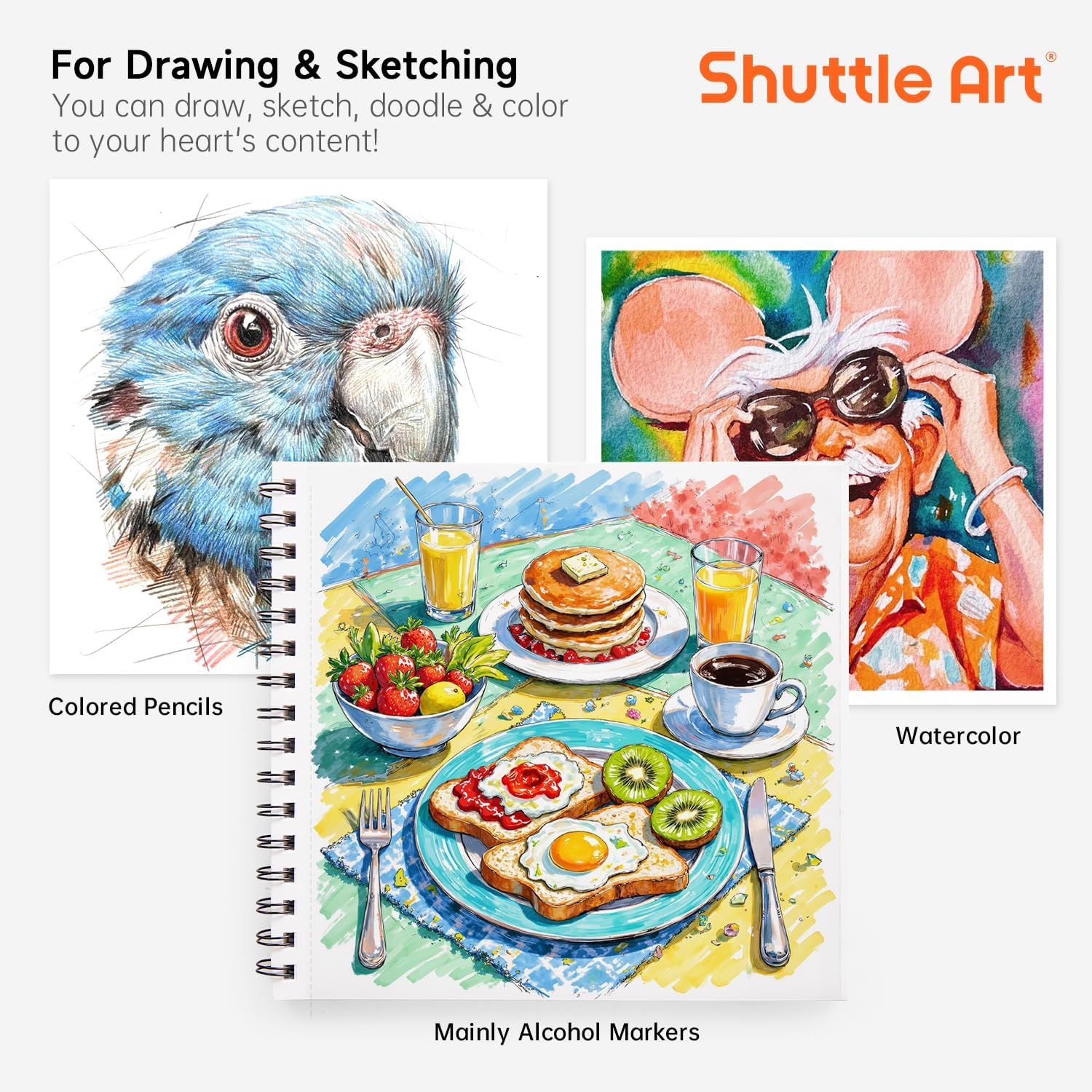 Shuttle Art Marker Pad, 8.9”x8.3” Portable Sketchbook, 40 Sheets Marker Drawing Paper, 110LB/180GSM Smooth Surface Bleedproof Art Paper, Spiral-Bound, Great for Beginners to Draw, Paint & Sketch