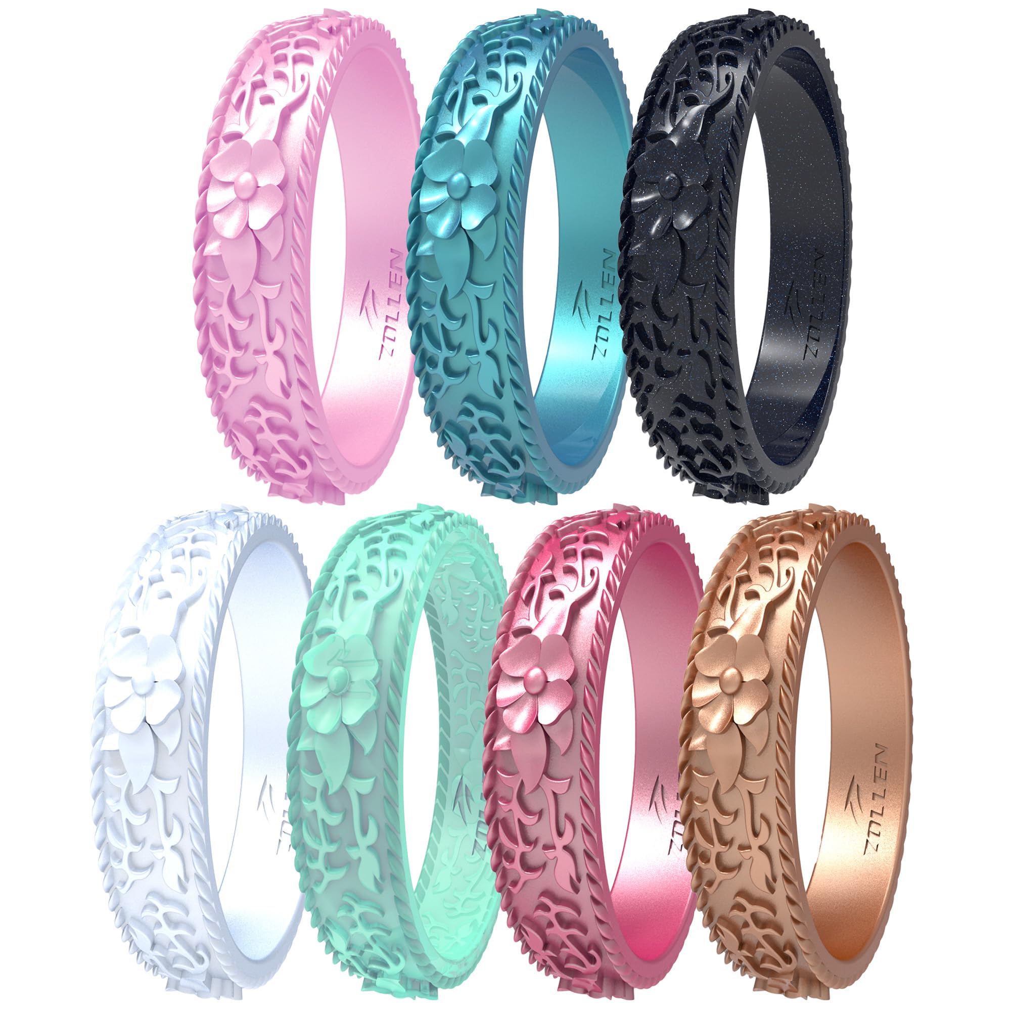 Silicone Wedding Rings for Women 1/4/7 Packs -Stackable Silicone Rubber Wedding Bands - Innovative Flower &amp; Vine Collection