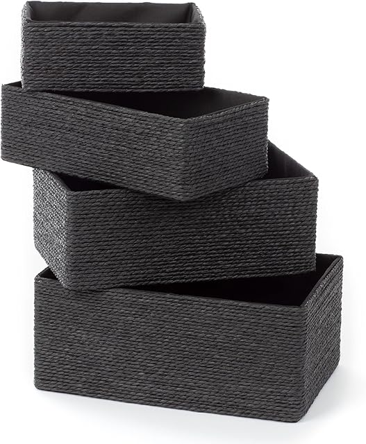 LIVIVO 4pc Storage Basket Paper Woven Multipurpose Stackable Organiser Rope Bin For Kitchen, Bathroom, Living Room, Bedroom, Drawer, Desk, Closet, Makeup, Cosmetics, Home & Office (Black)