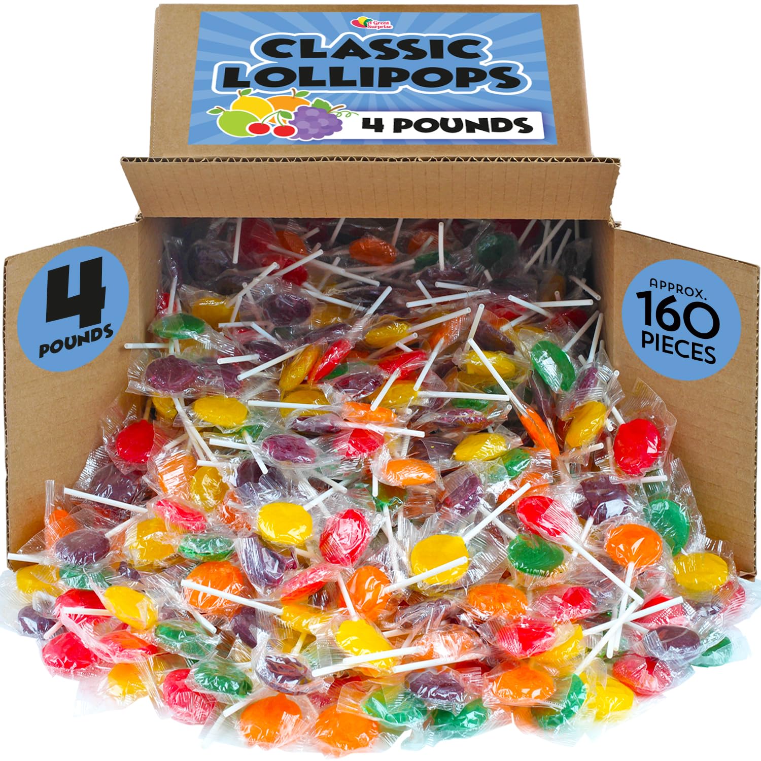 Bulk Lollipops - 4 Pounds - Assorted Fruit Flavored - Individually Wrapped Lollipops - Goodie Bag Fillers - Flat Bank Suckers