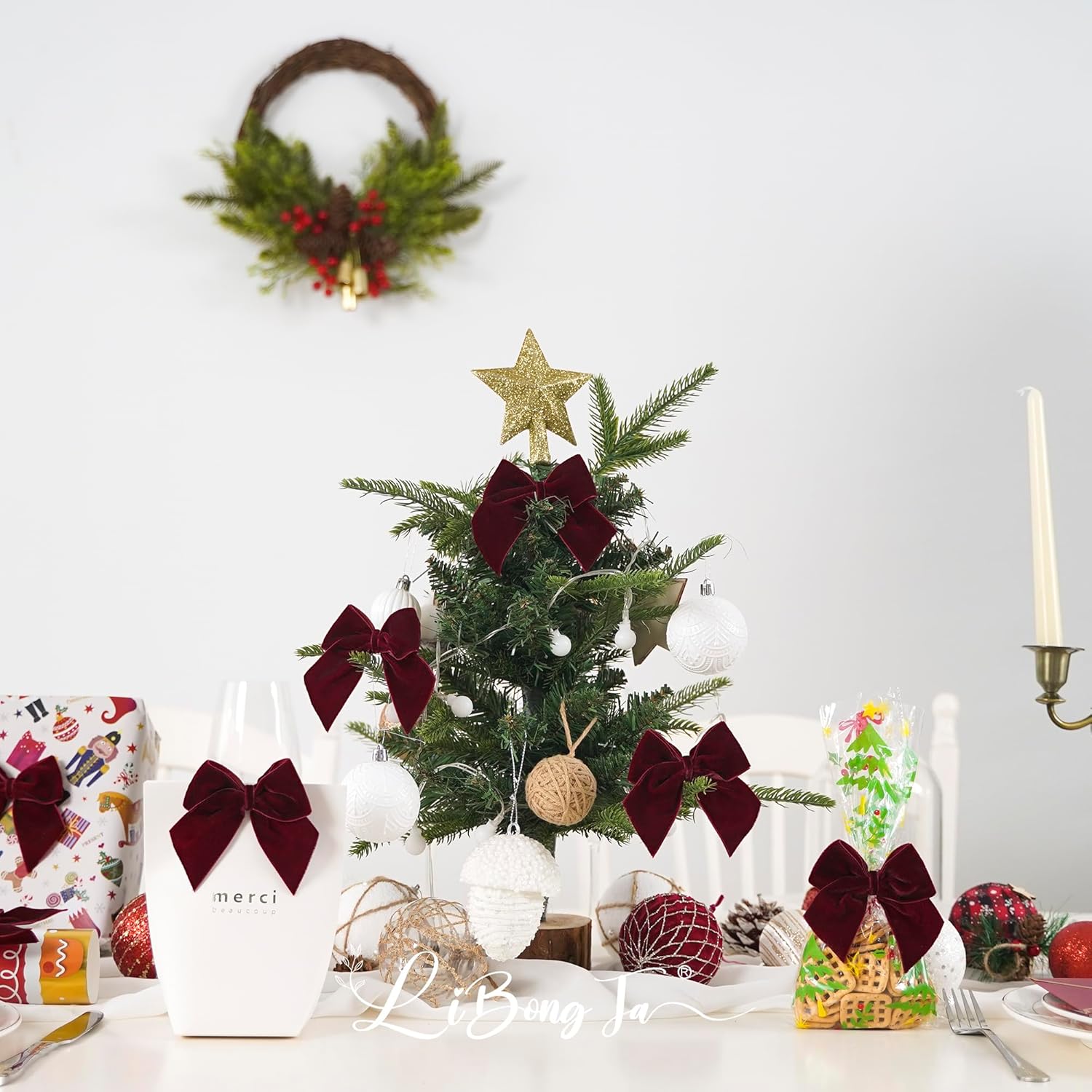 3.5" Maroon Bows Velvet Ribbon Bow with Self Adhesive, Small Gift Bows Decor, Dark Red Christmas Bows for Treat Bags, Candy Pop, Basket, Party Favor, Craft Bow for Gift Wrapping-24 PCs - Image 4