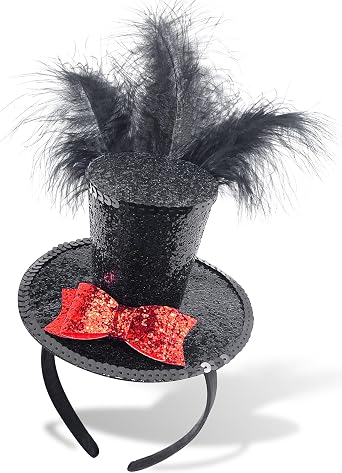 Black Mini Top Hat Headband Fascinator Feather Crazy Hat for Halloween Carnival Christmas Holiday Costume