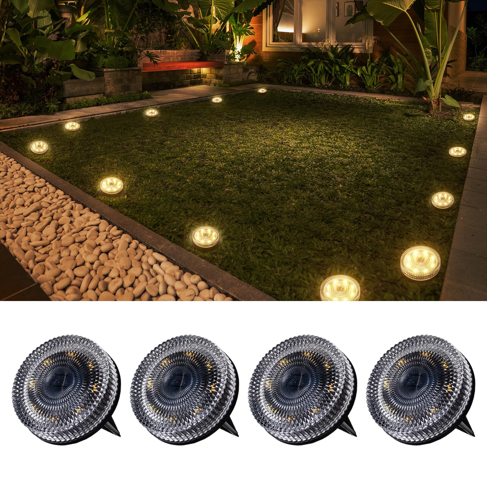 OPOIRA Glass Solar Ground Lights with Crystal Style, Modular-Design Waterproof In-Ground Light for Patio Pathway Lawn Yard Deck Walkway, Decorative