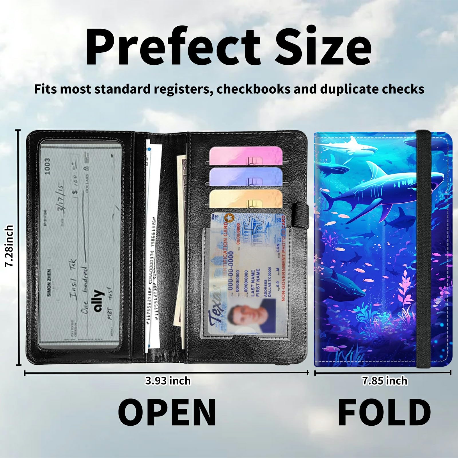 DIGTIALL Checkbook Cover for Men & Women – Premium PU Leather Checkbook Holder with RFID Blocking & Elastic Strap,Sharks