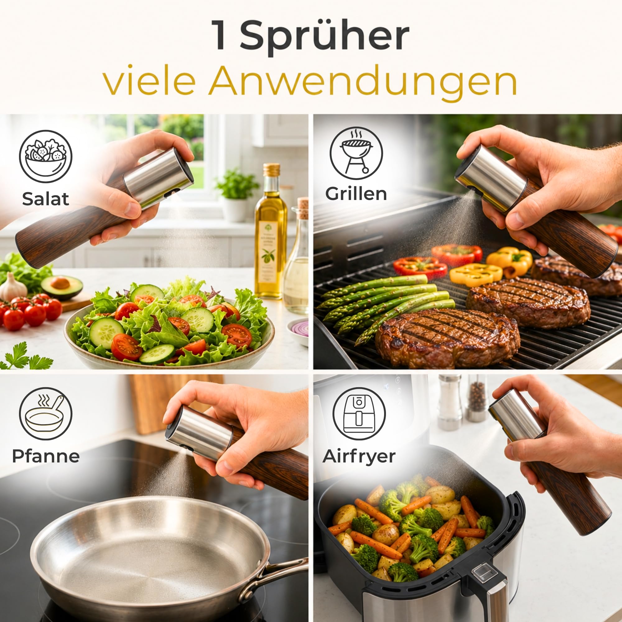 Ölsprüher [Edelstahl, 100ml] – Öl Sprühflasche für präzise Dosierung – Ölspray für Airfryer & Heißluftfritteuse – Sprühflasche Öl für Speiseöl & Essig – Oil Sprayer (DARK EDITION)