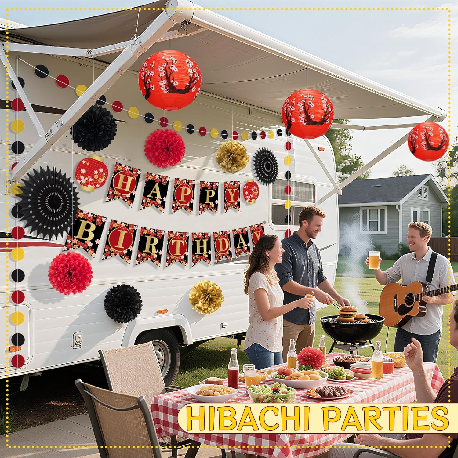 14Pcs Hibachi Party Decorations, Japanese Lanterns with Cherry Blossom Patterns Tissue Paper Pom Poms Circle Dots Garland Happy Birthday Banner Set for Japanese party decorations