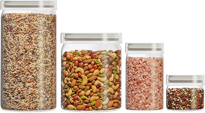 Pyrex 4-Pack Glass Canister Set - Dry Food Storage Containers with Lids for Kitchen and Pantry Organization