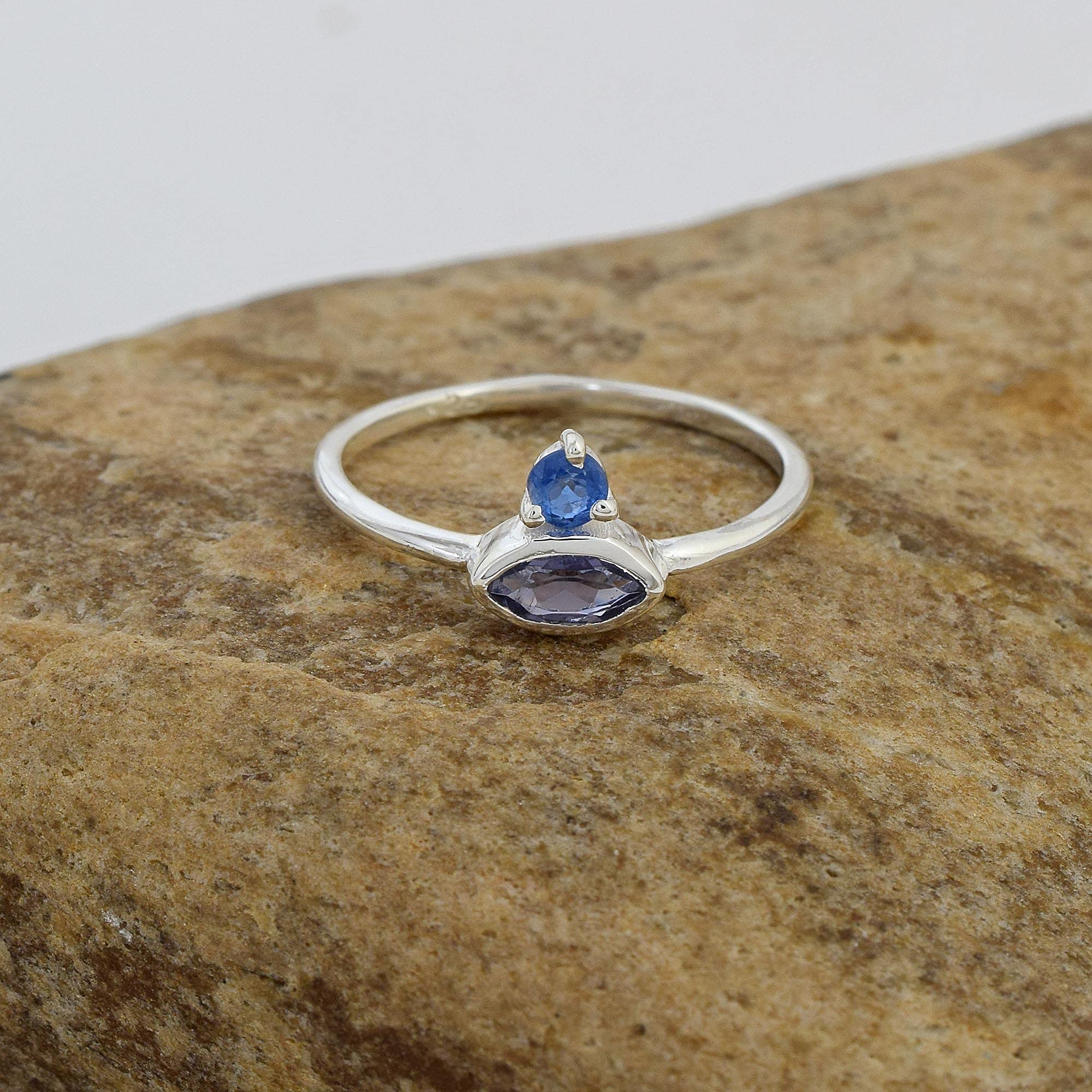 Anello da donna in argento Sterling 925 con zaffiro blu, anello con pietra portafortuna di settembre, anello in argento minimale marquise e rotondo, gioielli fatti a mano