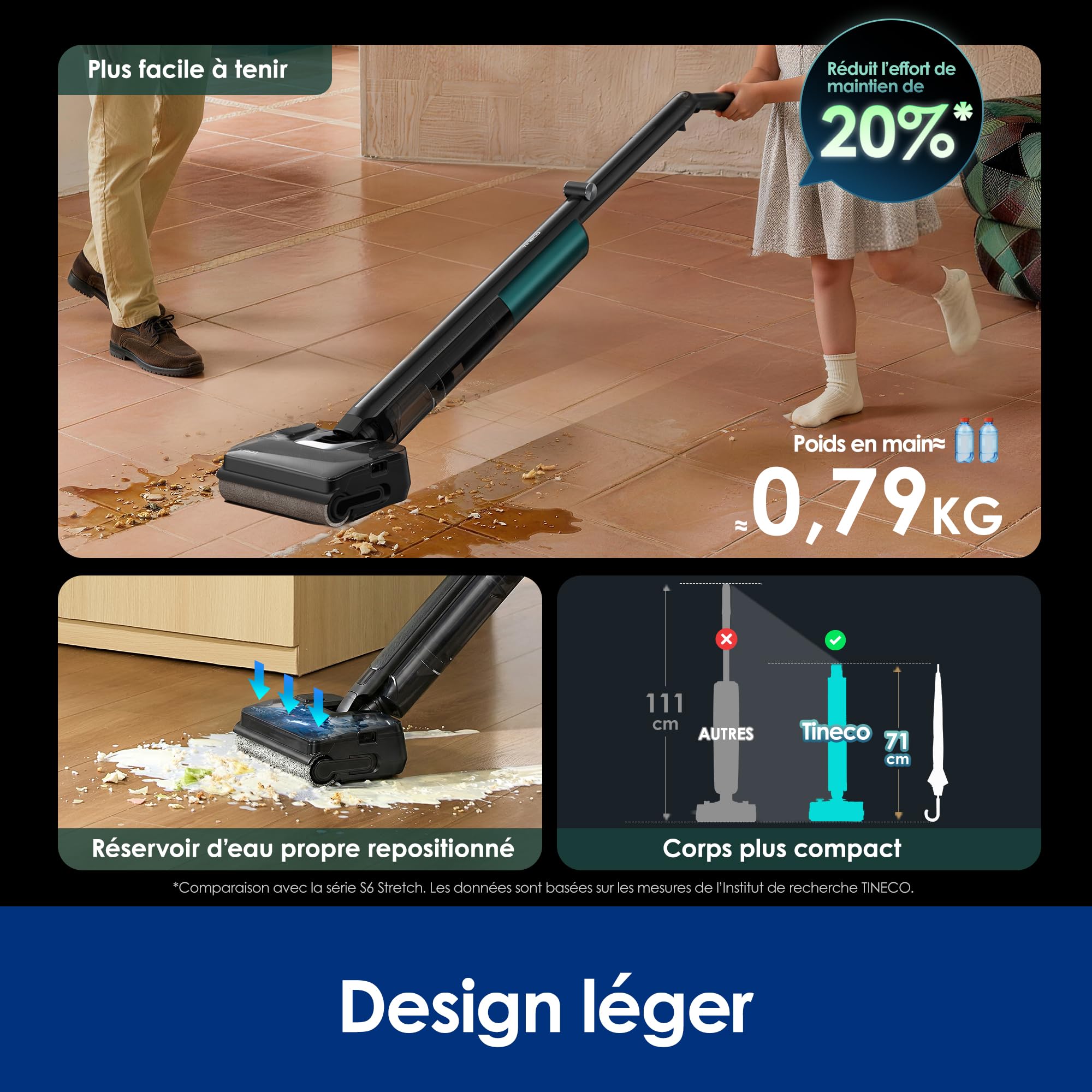 Tineco Floor One i7 Fold aspirateur Eau et poussière, Aspiration 22 kPa, Conception Anti-emmêlement DualBlock, FlashDry 85 ℃, autonomie 50 Min, Nettoyage des Bords Double Face, Design Plat à 180°