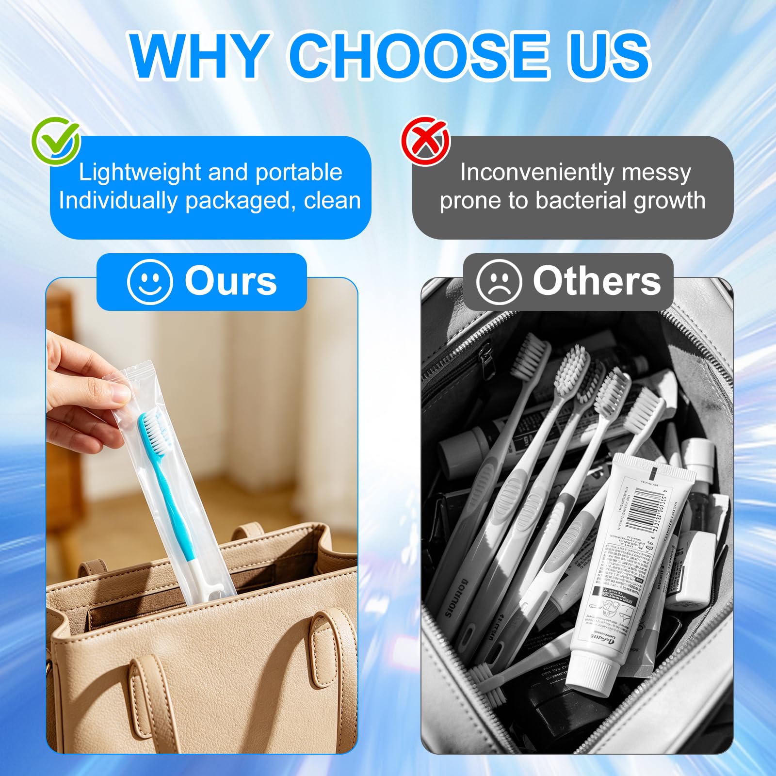 24 Cepillos de Dientes Desechables 5 en 1 con Pasta – Cepillo Dientes Viaje con Hilo Dental, Limpiador Lingual y Palillo, Mini Cepillo de Dientes con Pasta, Portátiles Sin Agua Menta y Melocotón