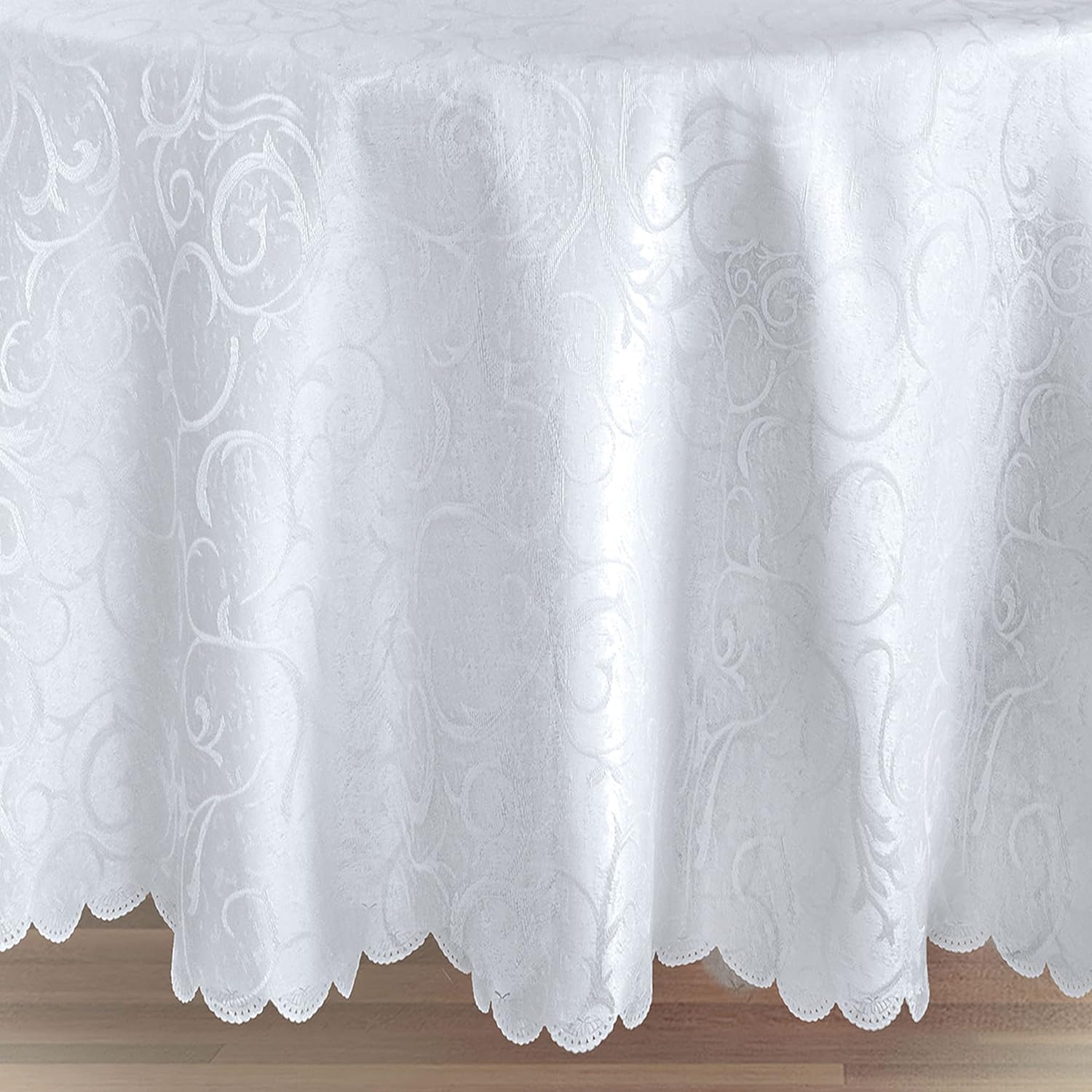 Newbridge Portofino Scalloped Damask Fabric Tablecloth, 60 x 102 Inch Oval, White, Wrinkle and Stain Resistant Dining Room Party Banquet Table Cover
